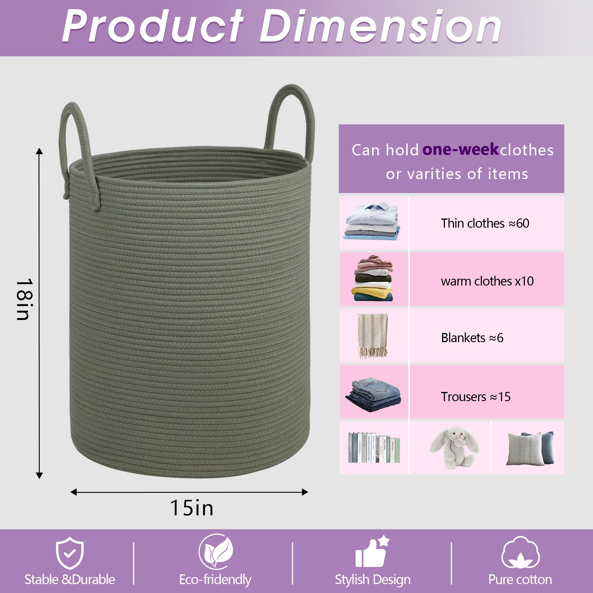 HOBASKET cotton rope basket side view with sturdy handles for easy transport