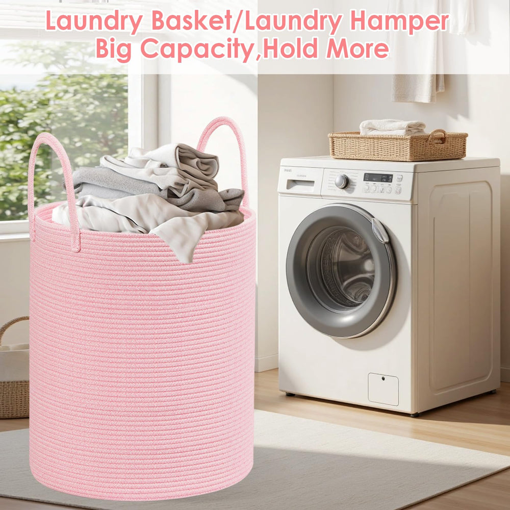 HOBASKET cotton rope laundry basket pink blankets storage with sturdy weave