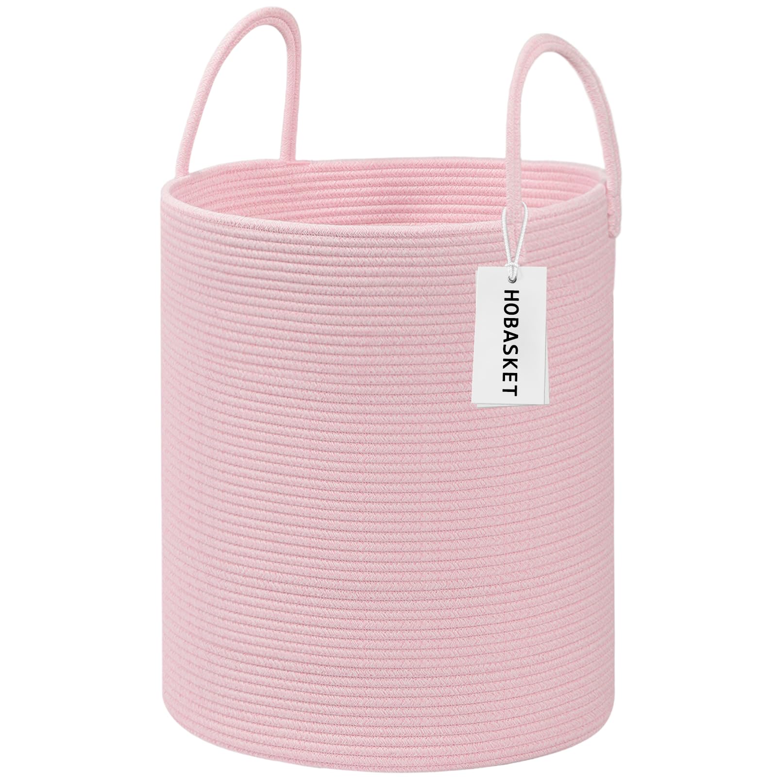 HOBASKET cotton rope laundry basket pink front view for easy laundry organization