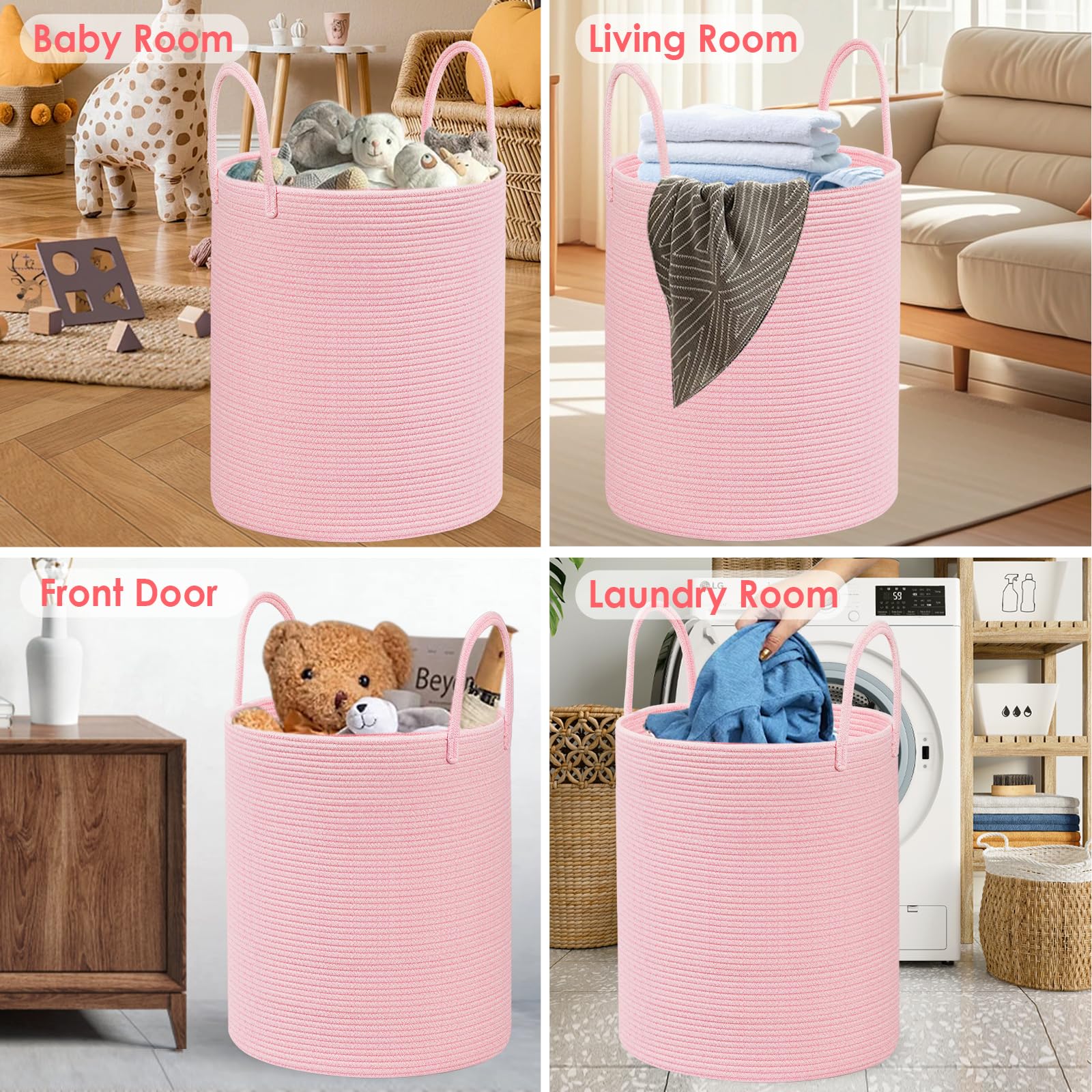 HOBASKET cotton rope laundry basket pink nursery decor ideal for toy storage