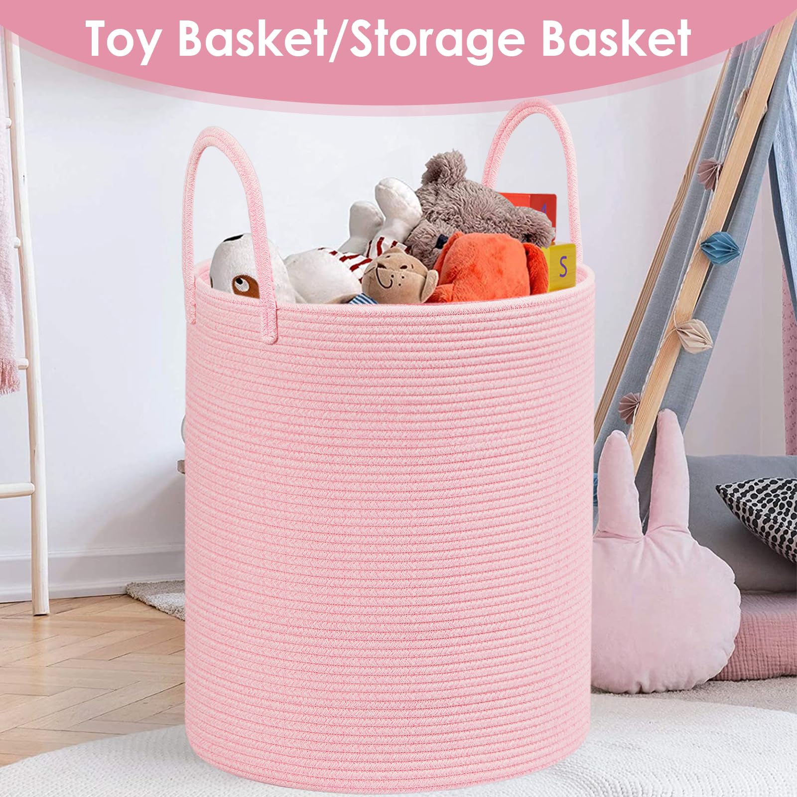 HOBASKET cotton rope laundry basket pink toy storage with easy carry handles