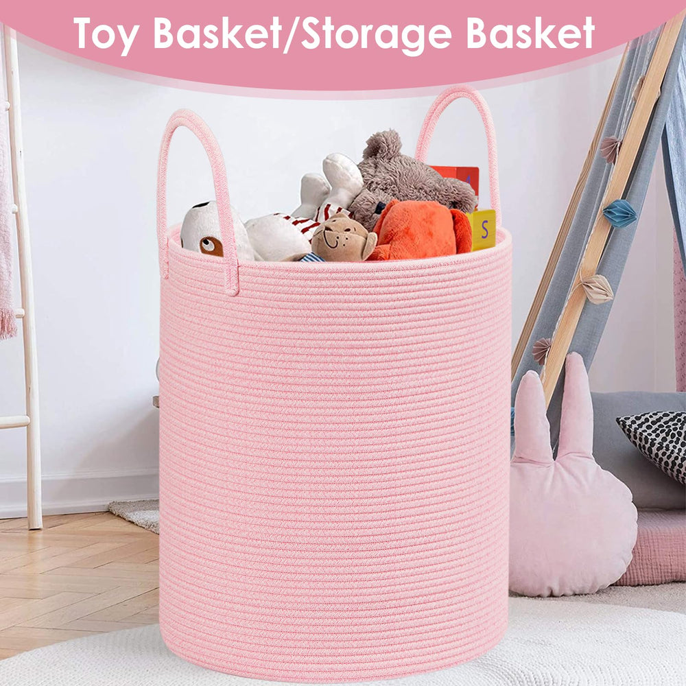 HOBASKET cotton rope laundry basket pink toy storage with easy carry handles