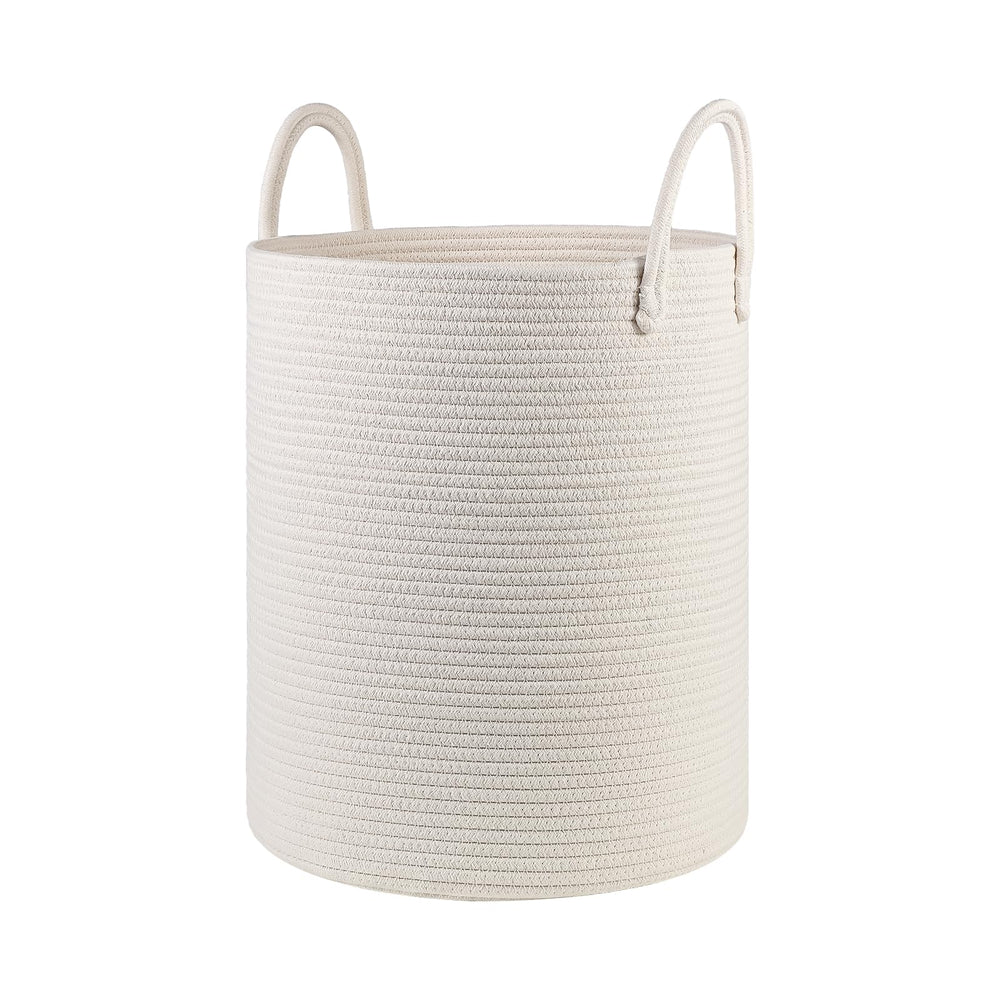 HOBASKET cotton rope laundry basket white angled view for easy organization.