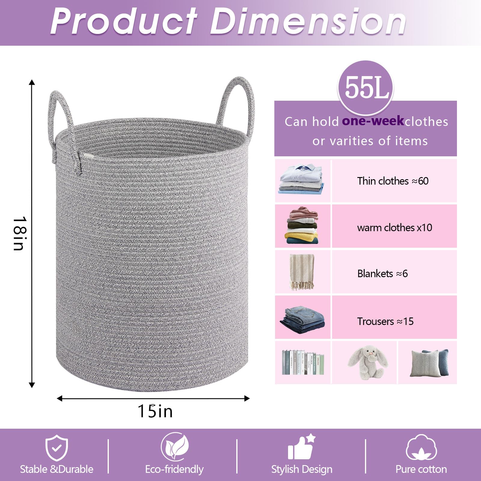 HOBASKET cotton rope storage basket in nursery keeps blankets tidy.