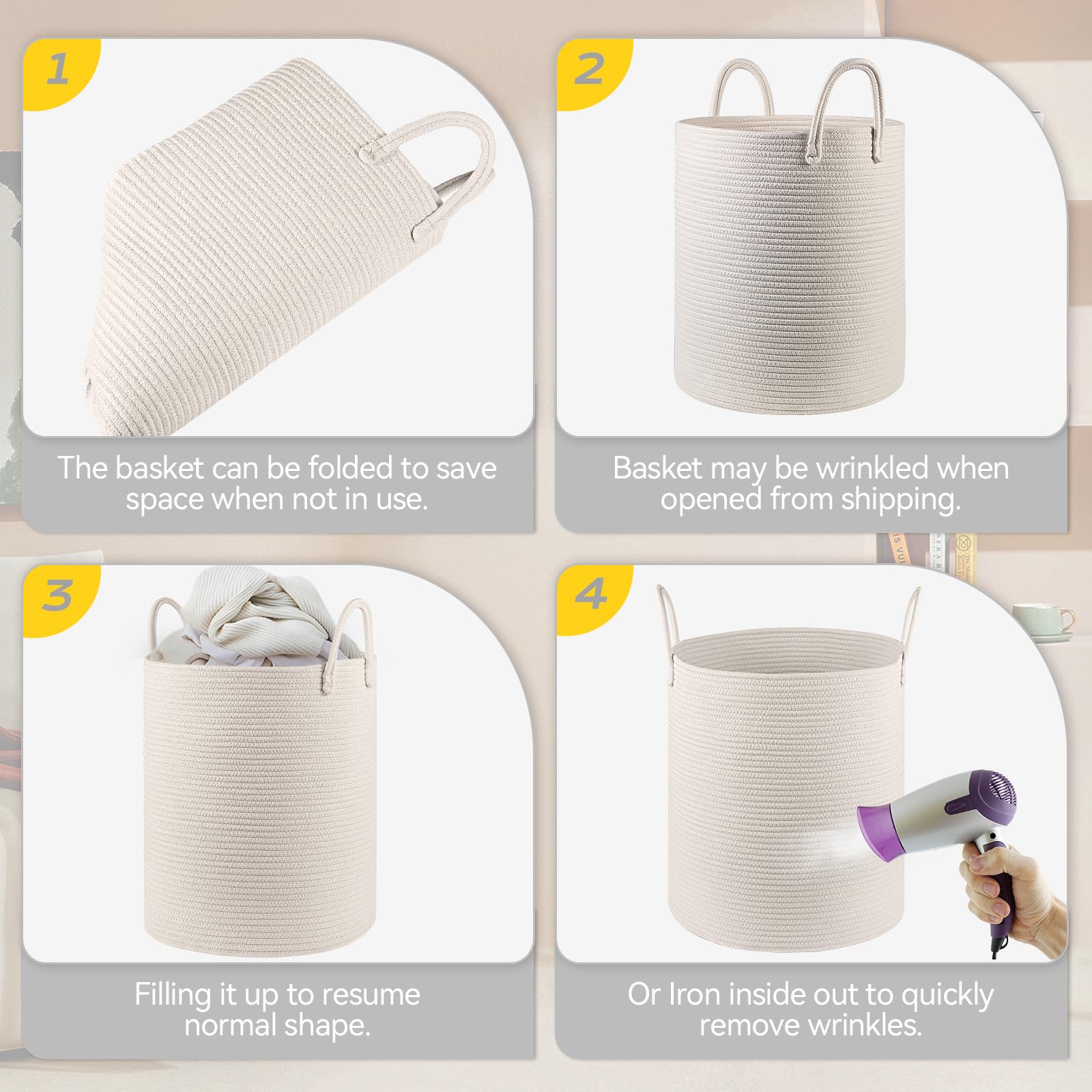 HOBASKET laundry basket with rope handles for easy room-to-room transport.