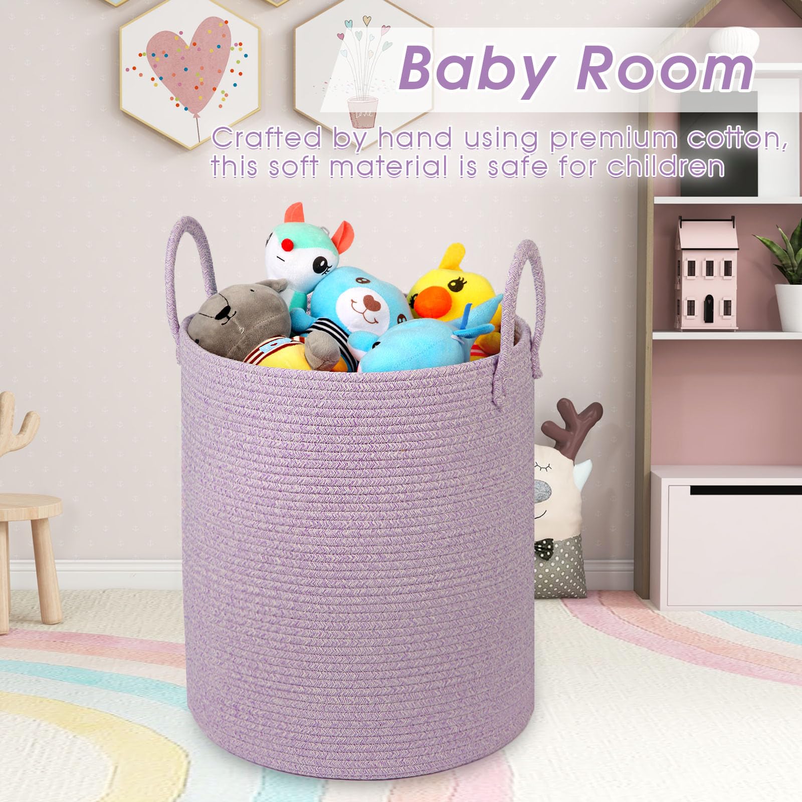 HOBASKET Soft cotton rope material emphasizes safe kid-friendly storage and easy portability.