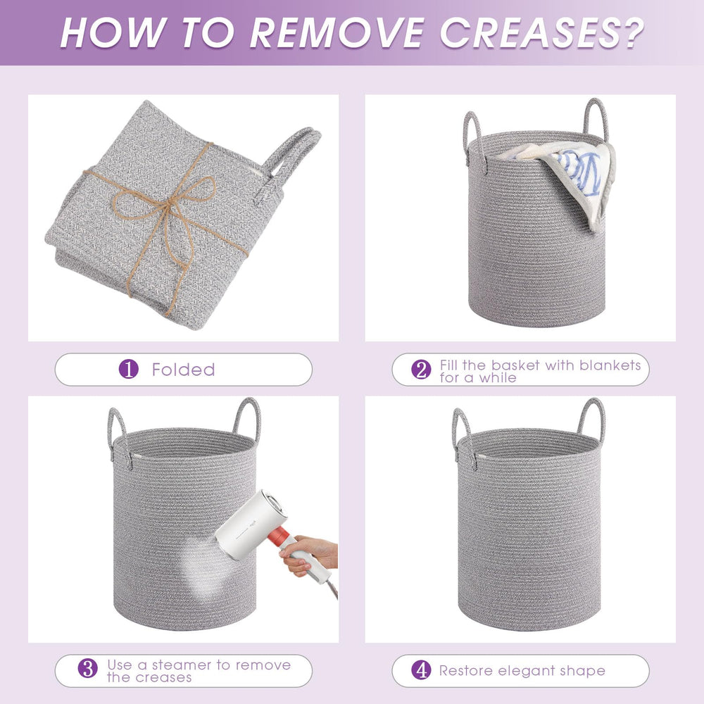 HOBASKET soft-gray laundry basket blends with decor and reduces clutter.