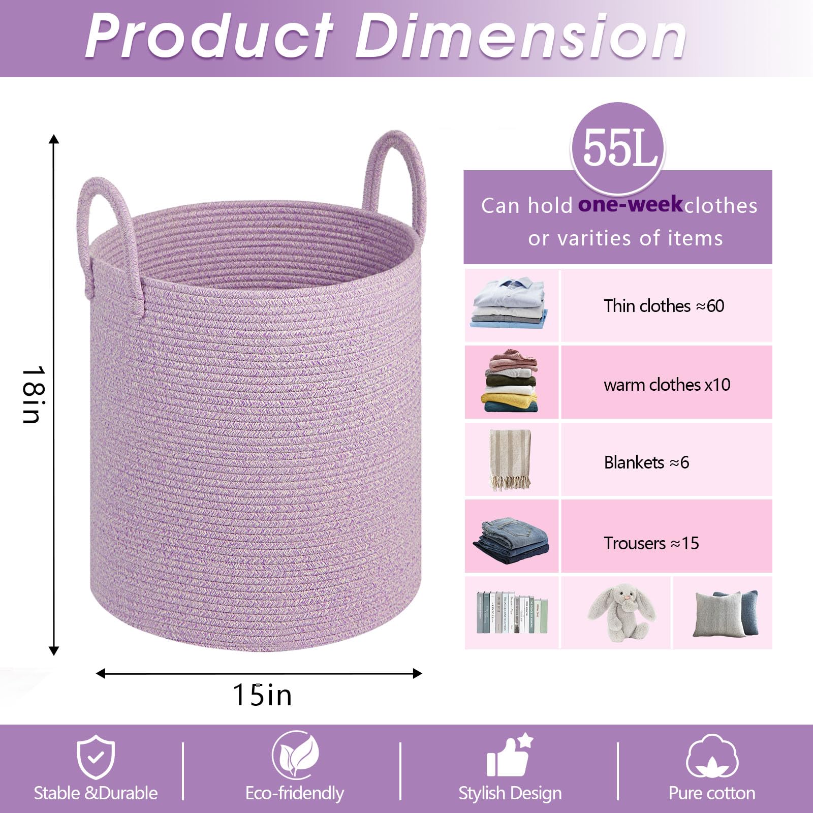 HOBASKET Two-tone cotton rope basket highlights durable storage for blankets.