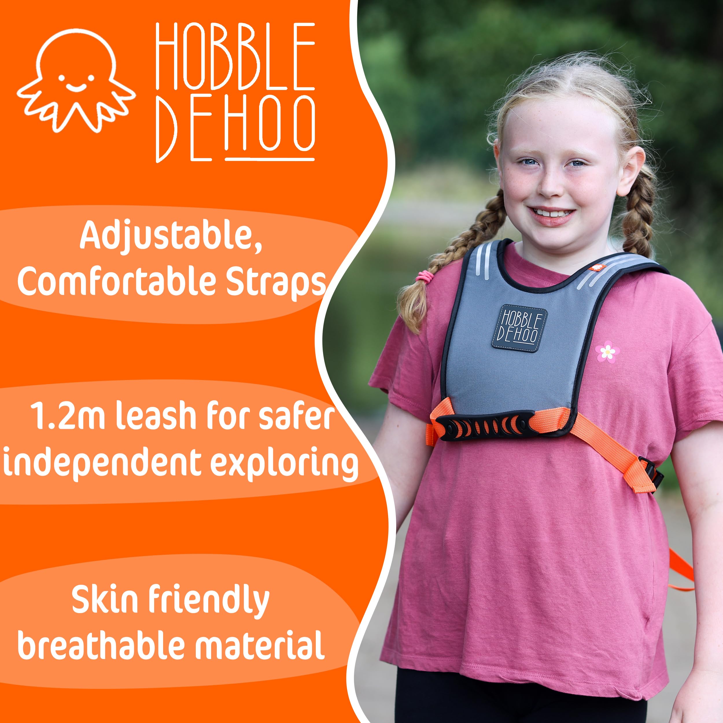 Hobble De Hoo Active XL detachable leash attached for flexible supervision in crowds.