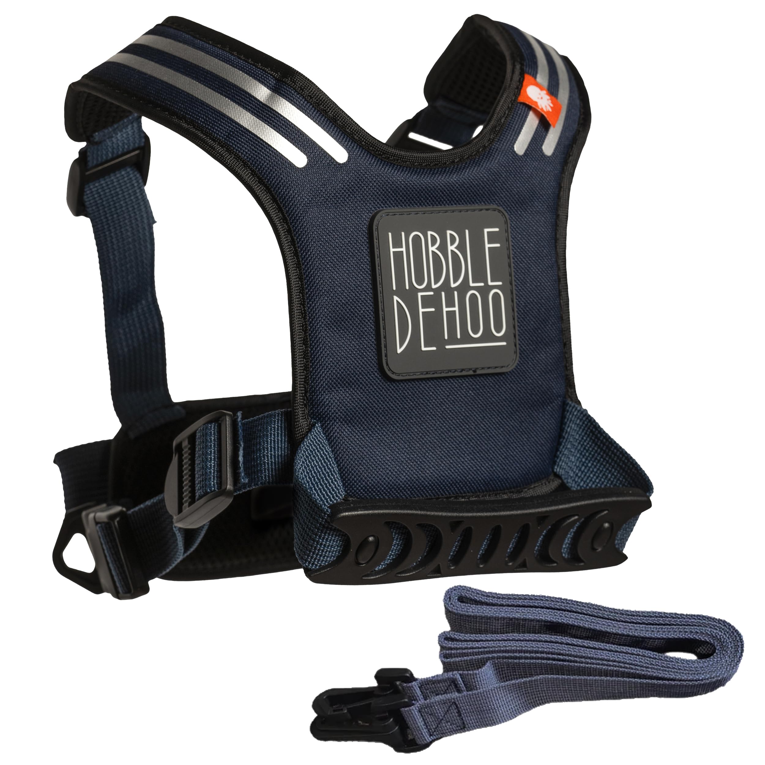 Hobble De Hoo blue harness front view shows adjustable fit for growing kids in crowds