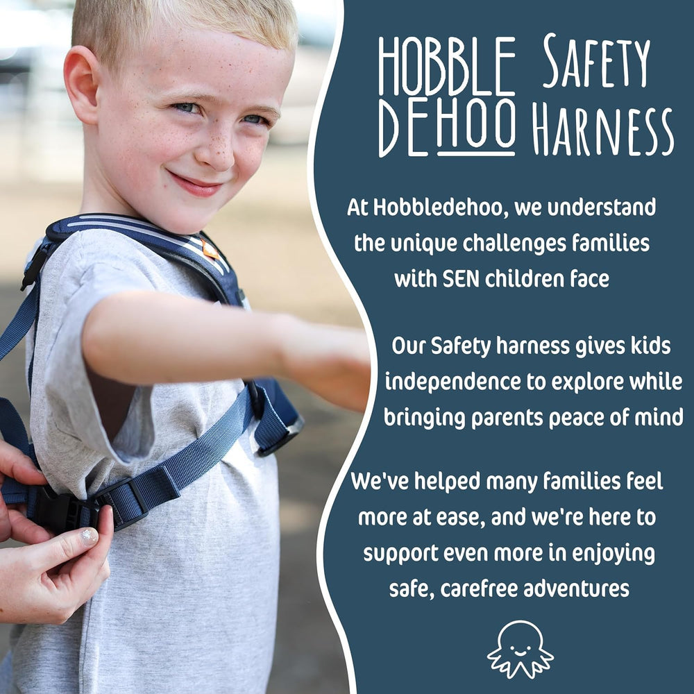 Hobble De Hoo blue harness in park illustrates guided exploration