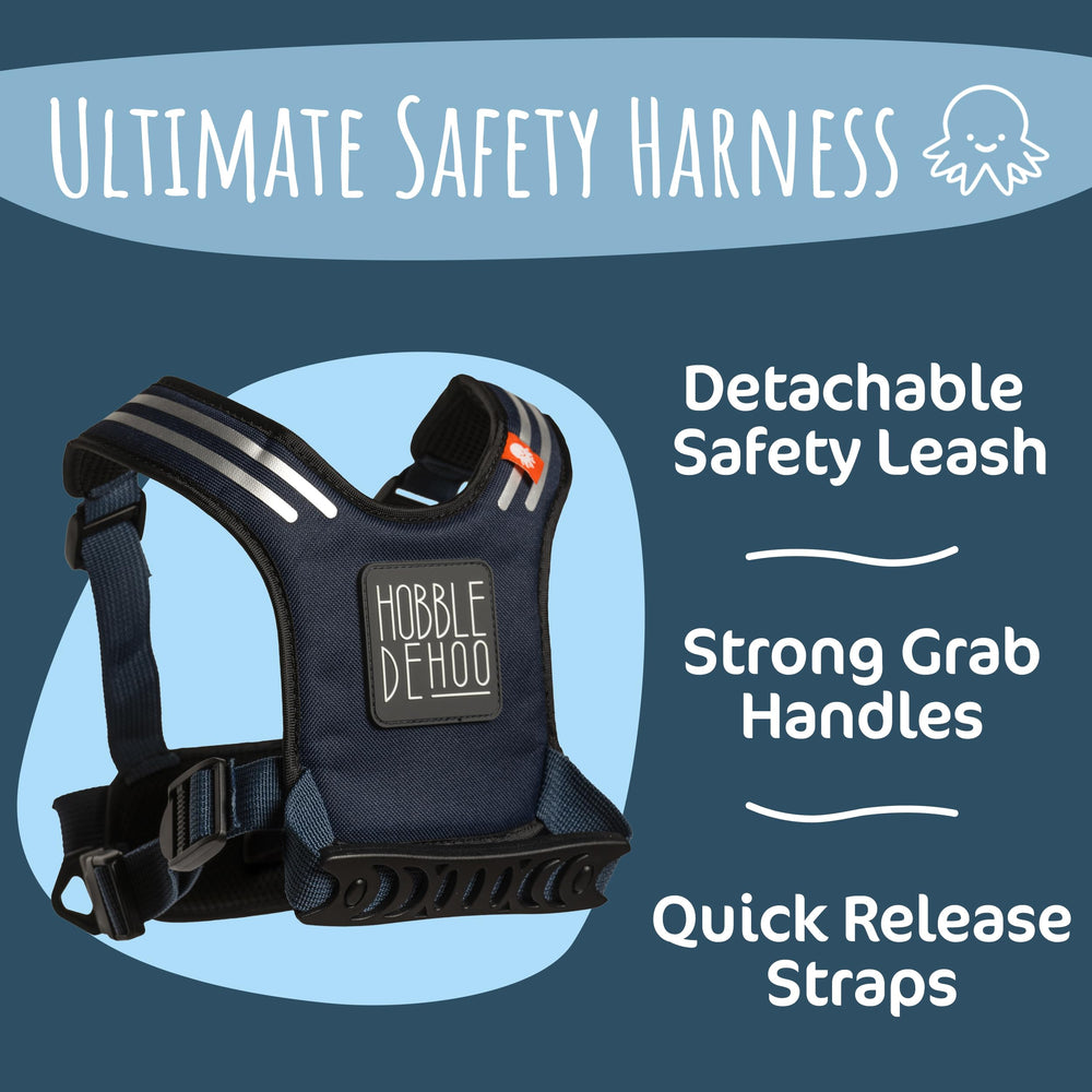 Hobble De Hoo blue harness packaged display showing easy setup