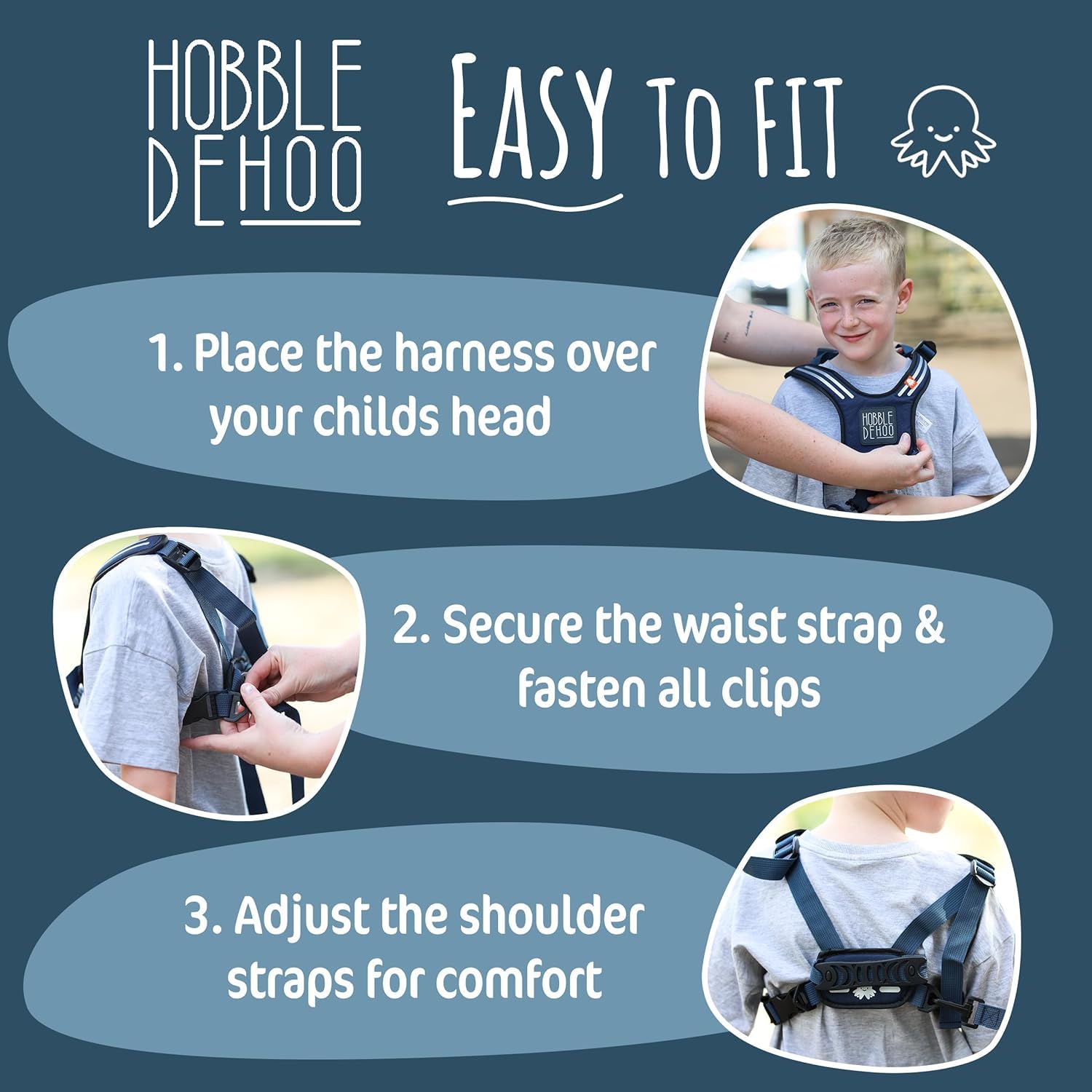 Hobble De Hoo blue harness worn by child demonstrates everyday safety
