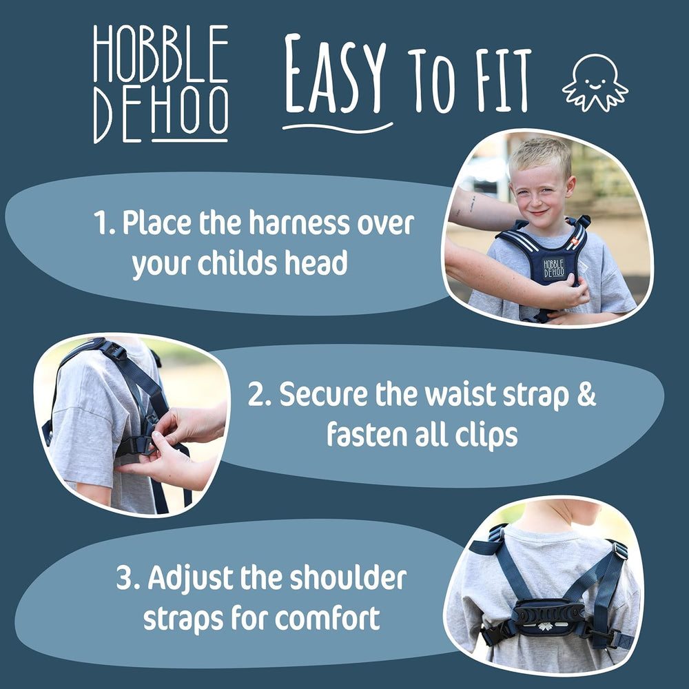 Hobble De Hoo blue harness worn by child demonstrates everyday safety
