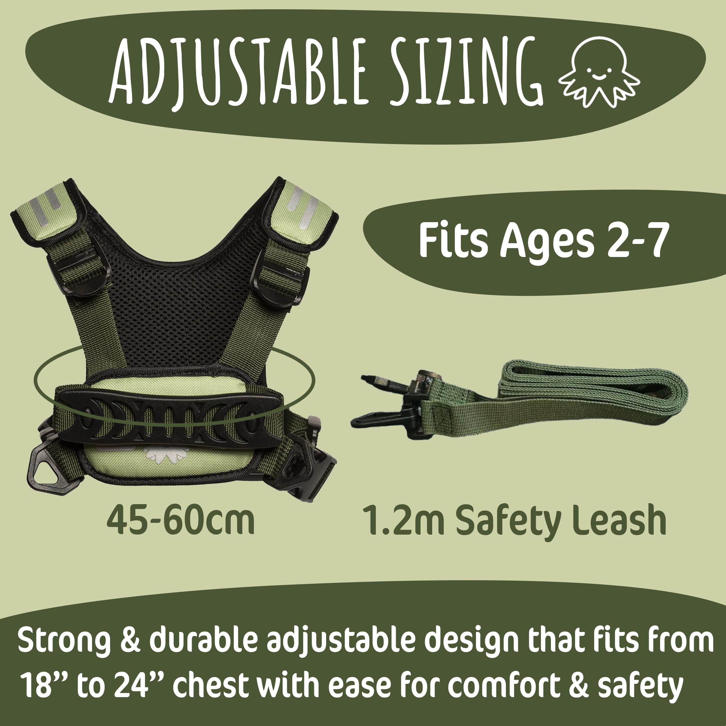 Hobble De Hoo harness green adjustable straps for growing toddlers and kids.