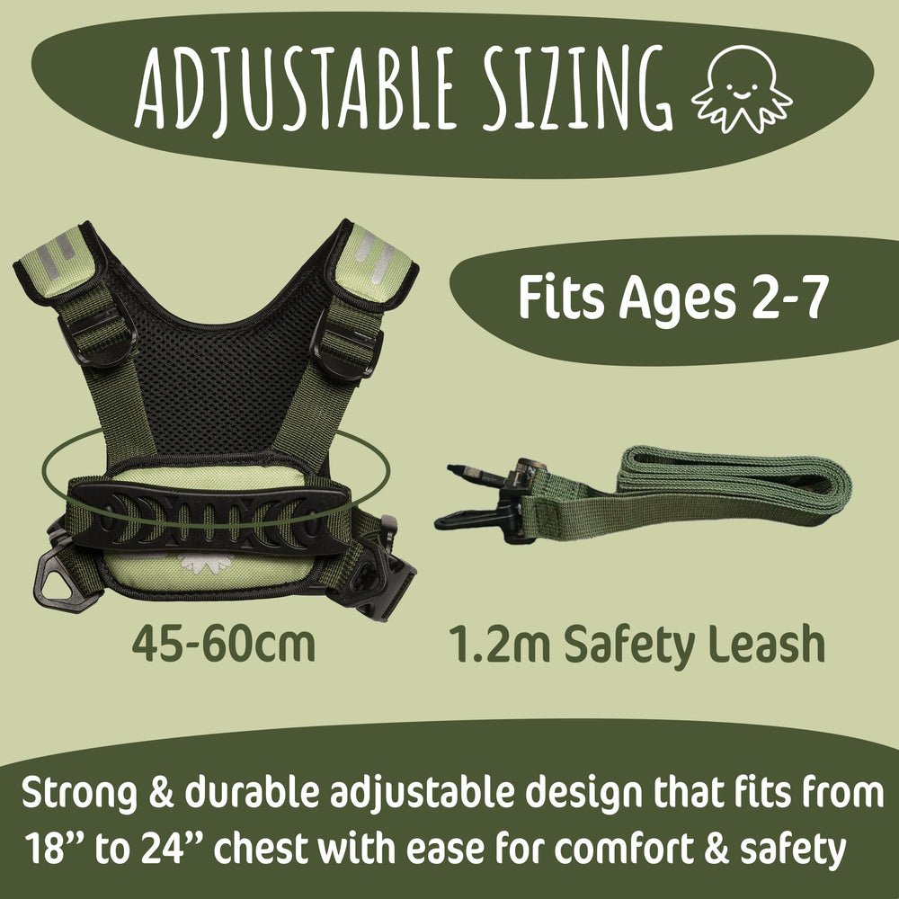 Hobble De Hoo harness green adjustable straps for growing toddlers and kids.