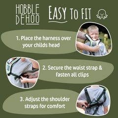 Hobble De Hoo harness green front and back handles enable safe supervision.