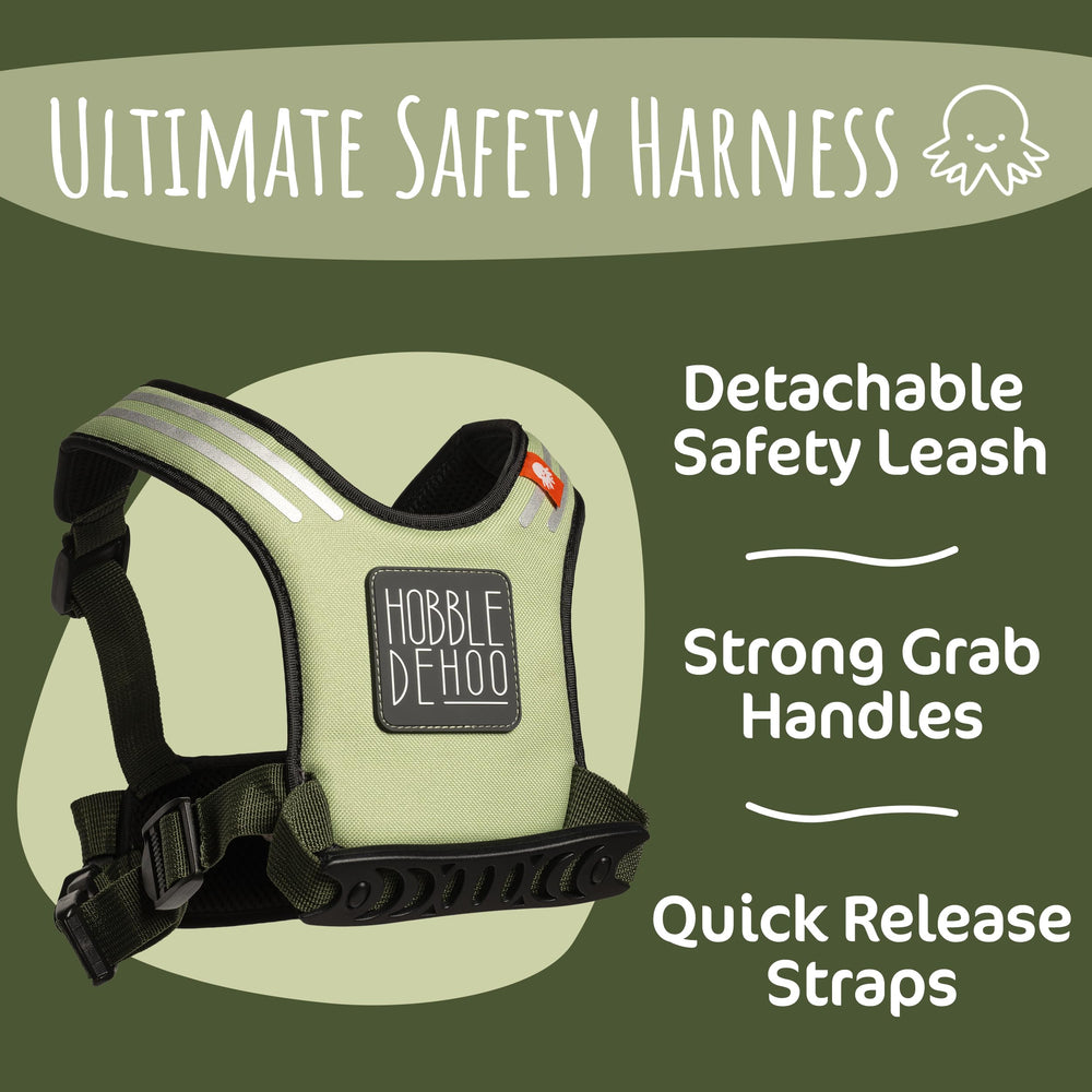 Hobble De Hoo harness green in-use at park illustrates calm exploration.