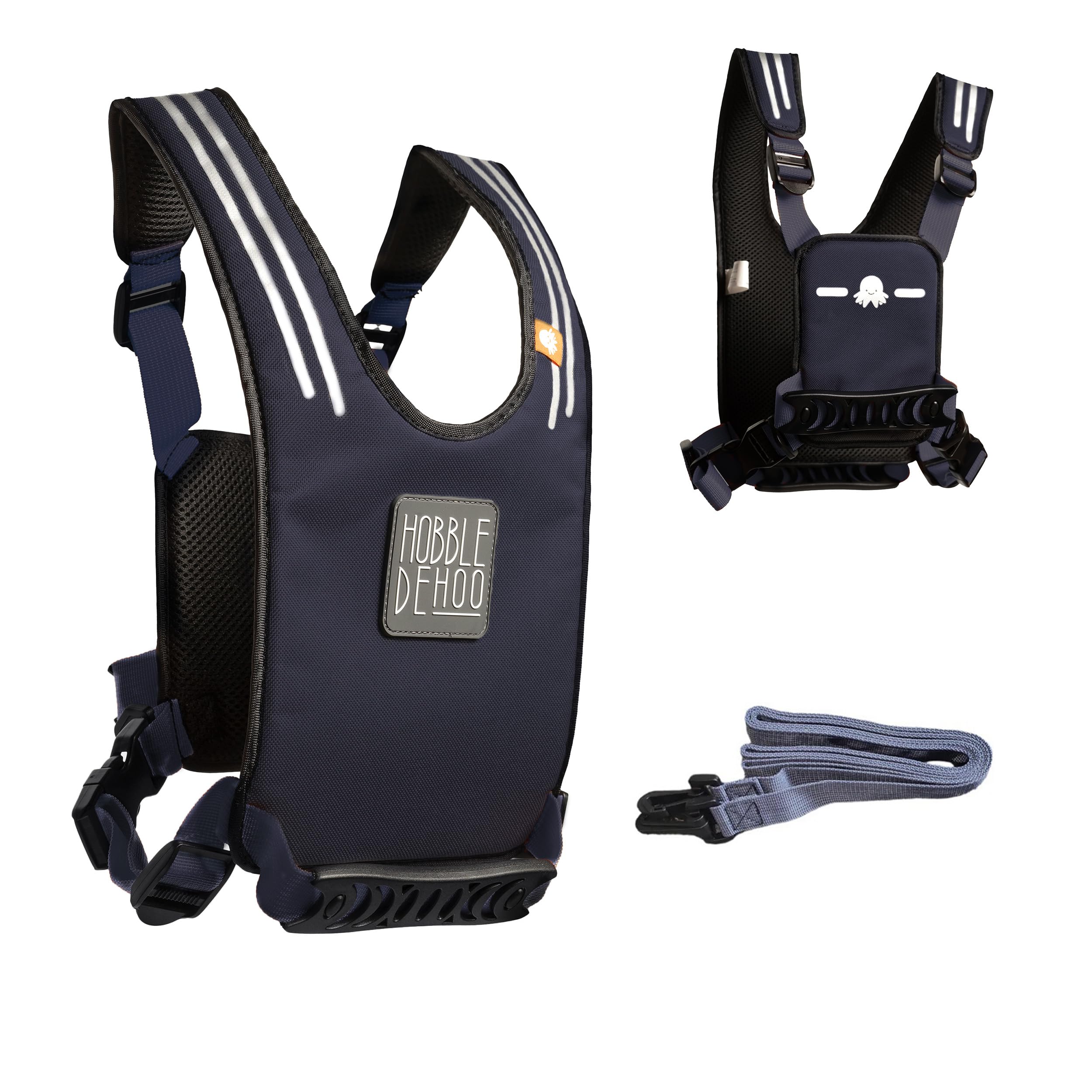 Hobble De Hoo Active XL harness front view in blue ensures secure fit for growing kids.