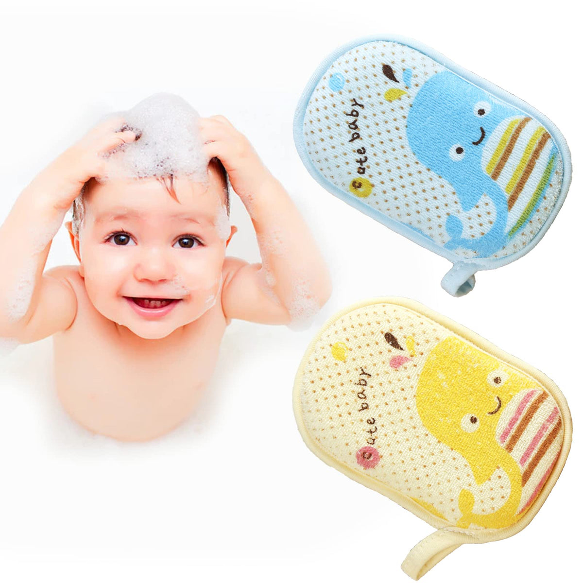 Hokoad baby bath sponge with soft cotton outside for gentle cleansing.
