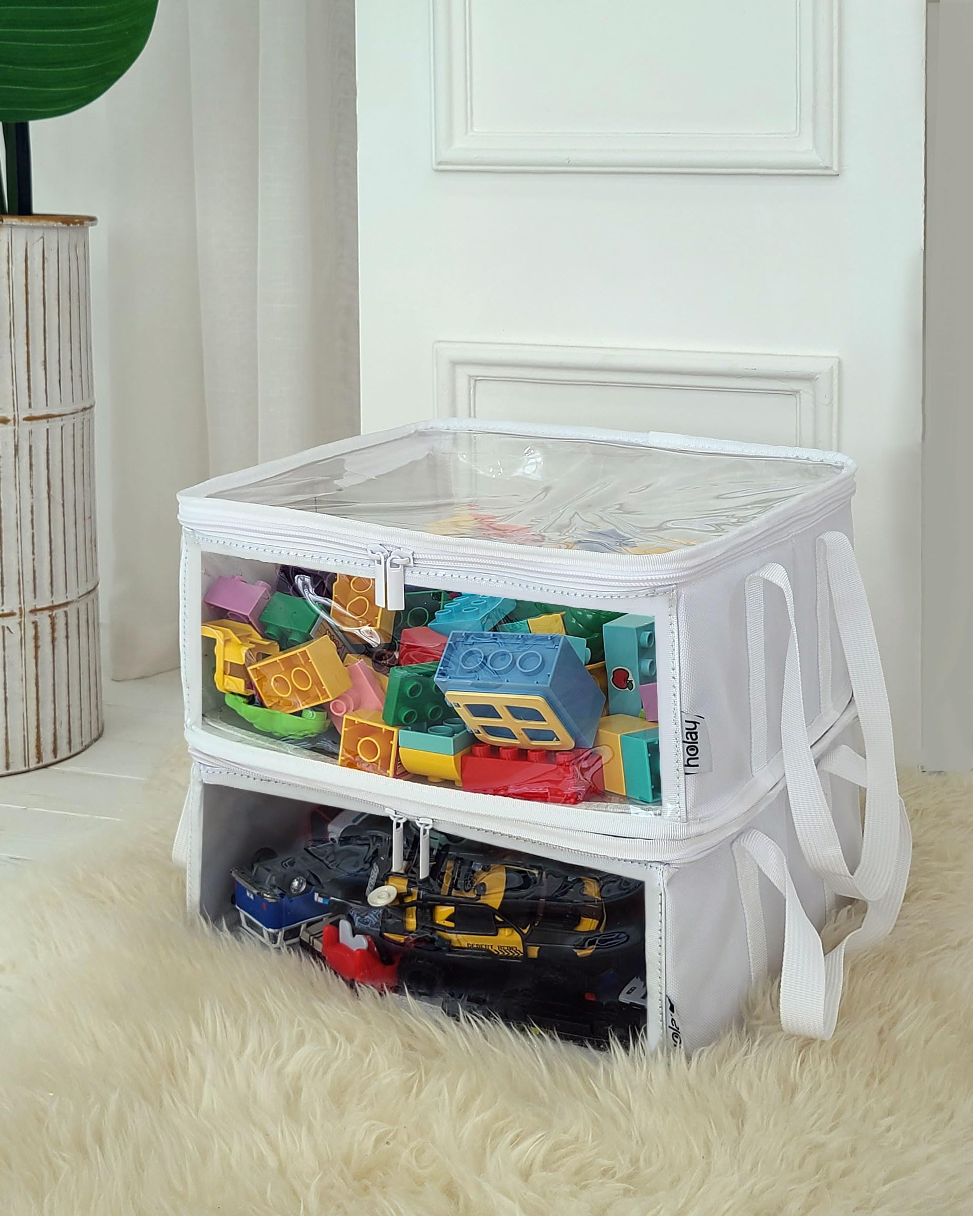 Holay storage bin stacked neatly to maximize closet organization and shelving.