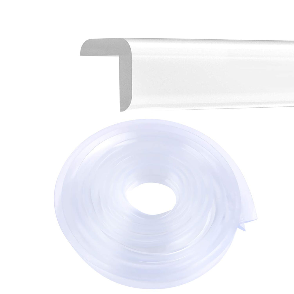 HOLIBIC corner guards on a clear edge protector protecting a table corner for family safety.