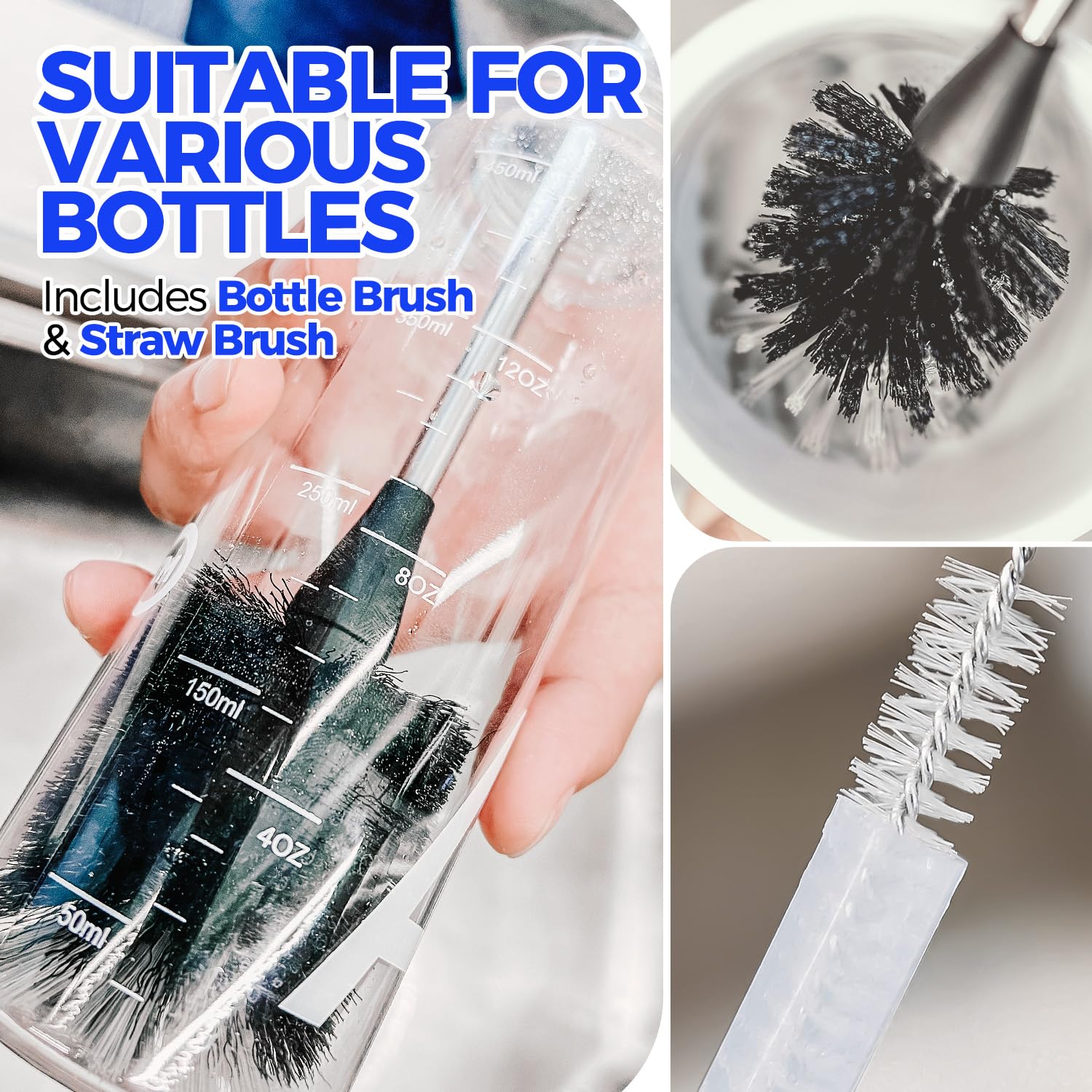 Holikme straw brushes in varied lengths tackle metal and plastic straws without residue