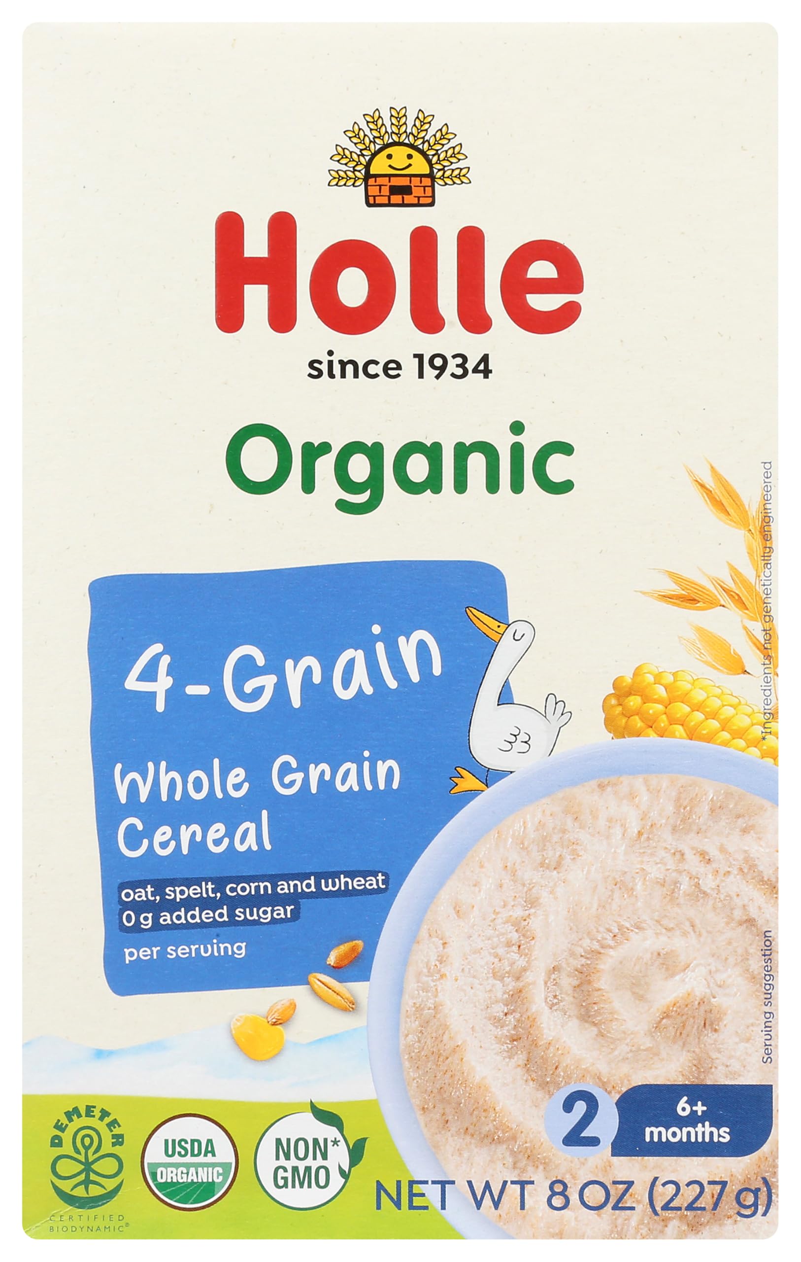 Holle organic four-grain cereal 8oz packaging for convenient starter feeding
