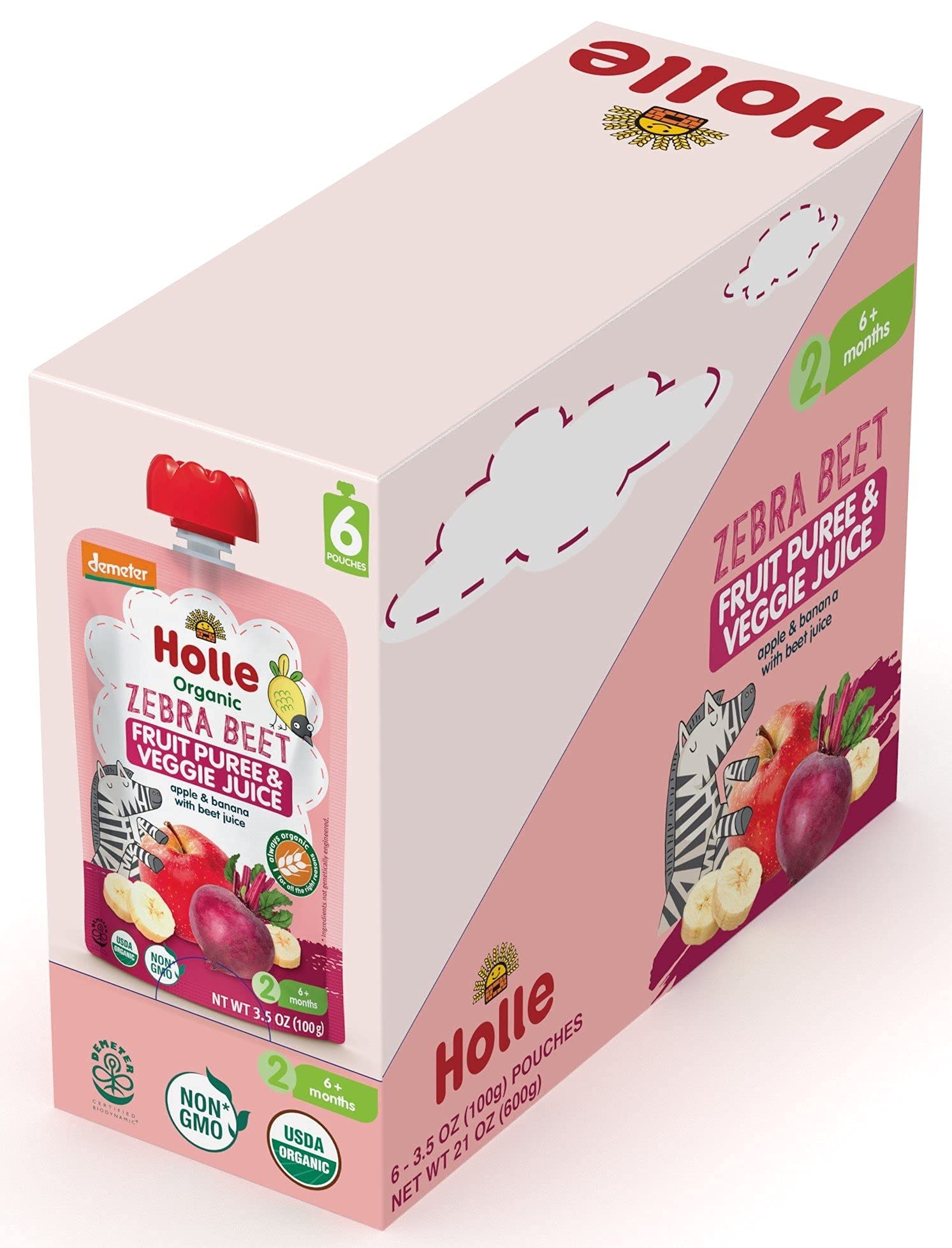Holle organic ingredients image highlights apples, bananas, beets for a balanced baby snack