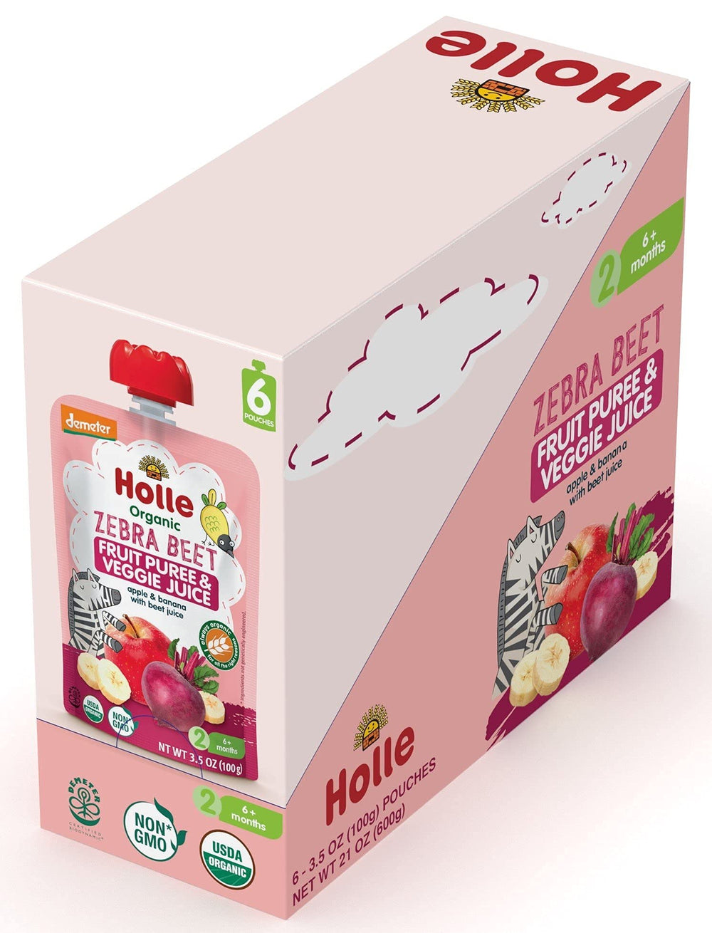 Holle organic ingredients image highlights apples, bananas, beets for a balanced baby snack
