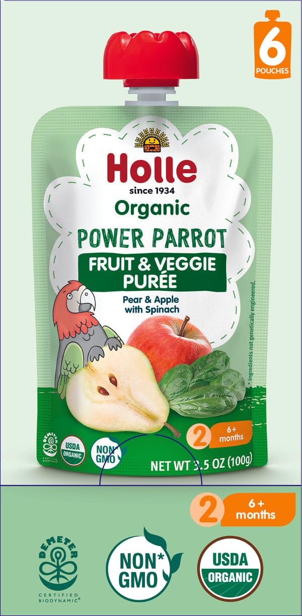 Holle Power Parrot baby puree pouch with pear, apple and spinach for gentle weaning.