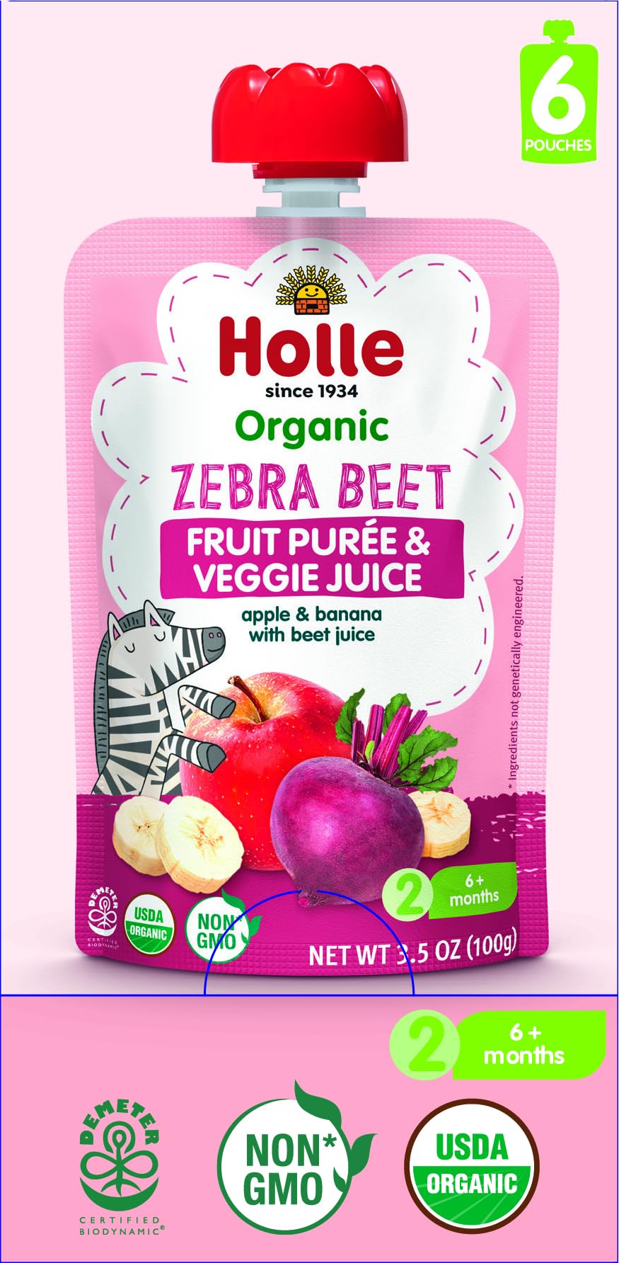 Holle Zebra Beet pouch showing apple banana blend, convenient on the go feeding