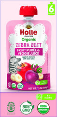 Holle Zebra Beet pouch showing apple banana blend, convenient on the go feeding