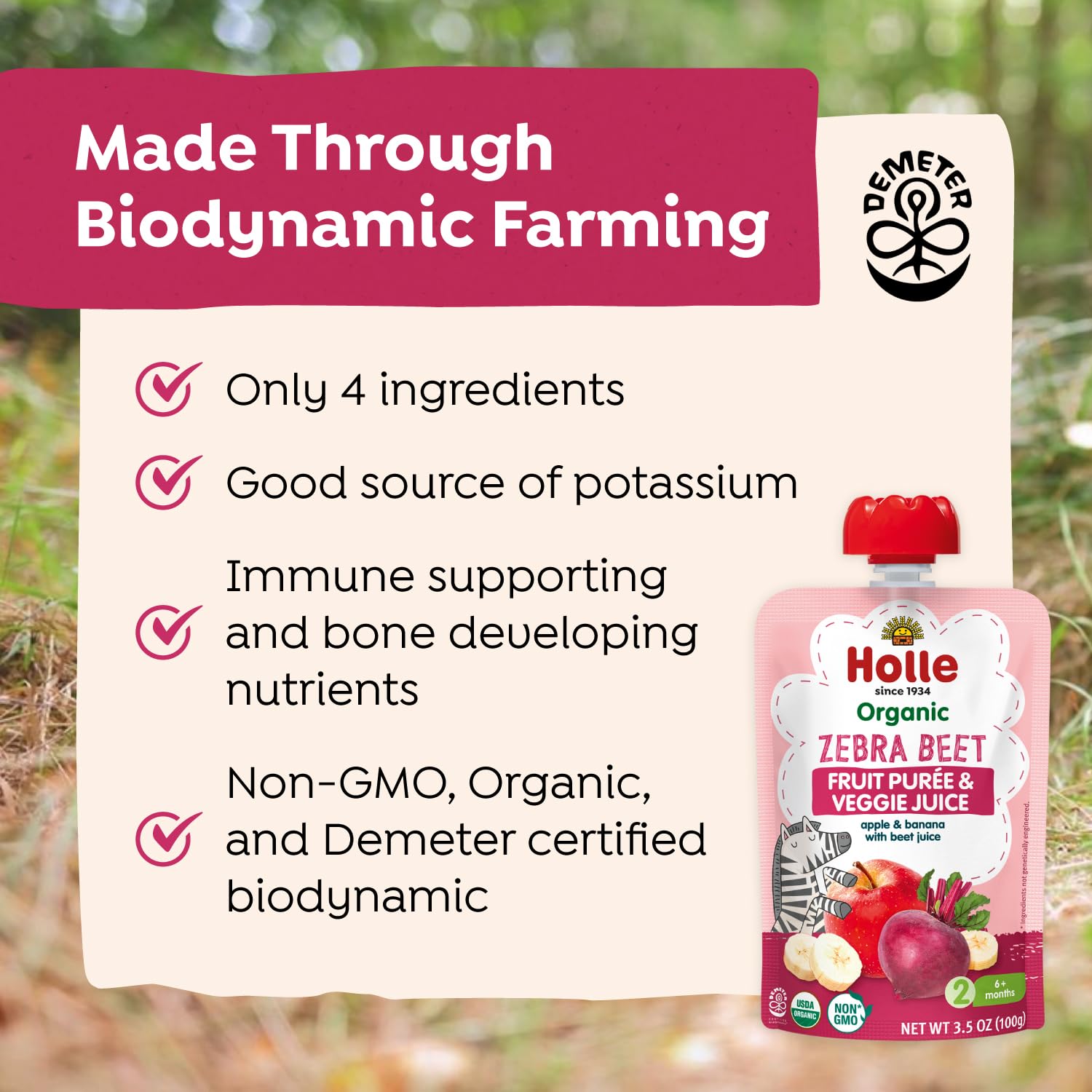 Holle Zebra Beet pouch label view displaying organic ingredients