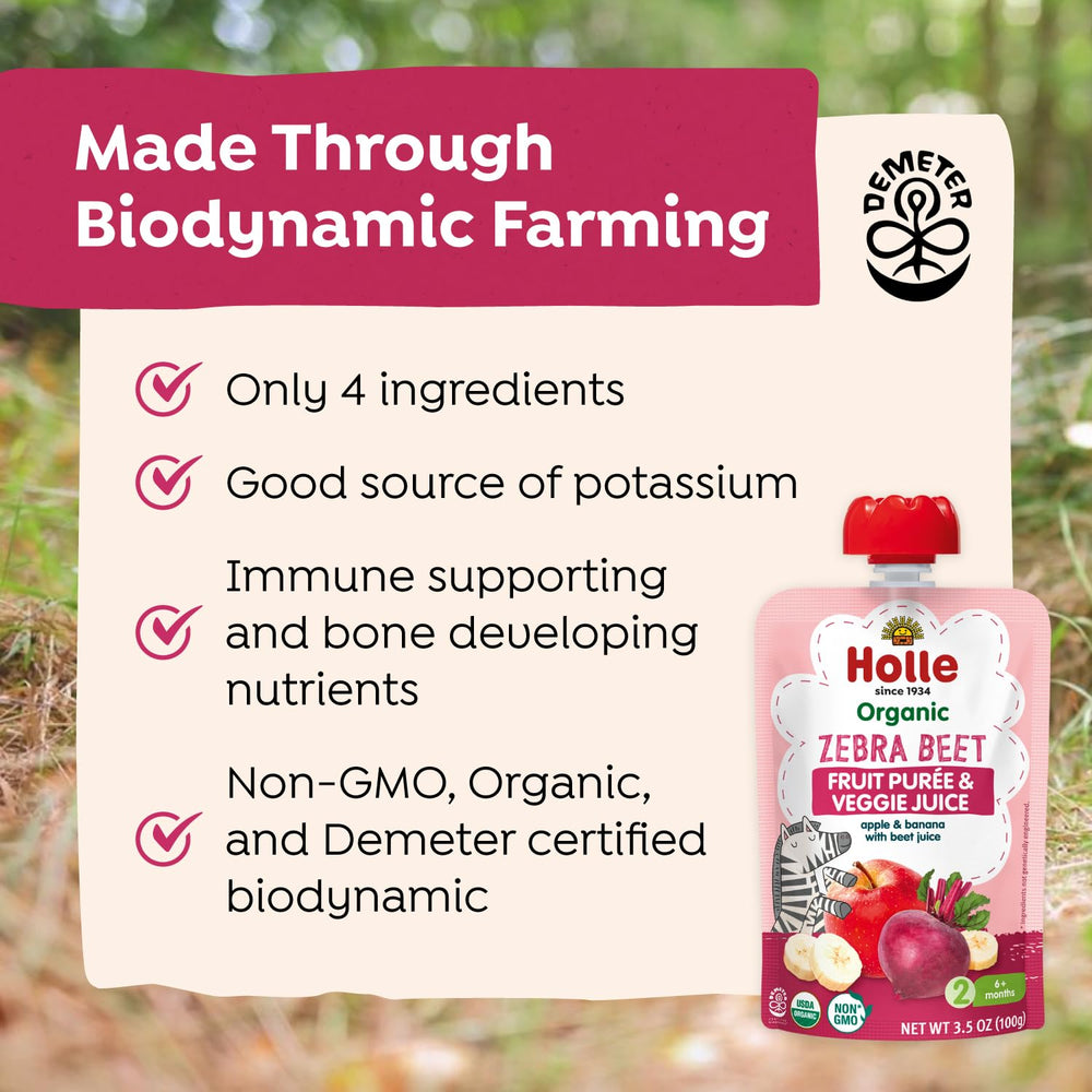 Holle Zebra Beet pouch label view displaying organic ingredients