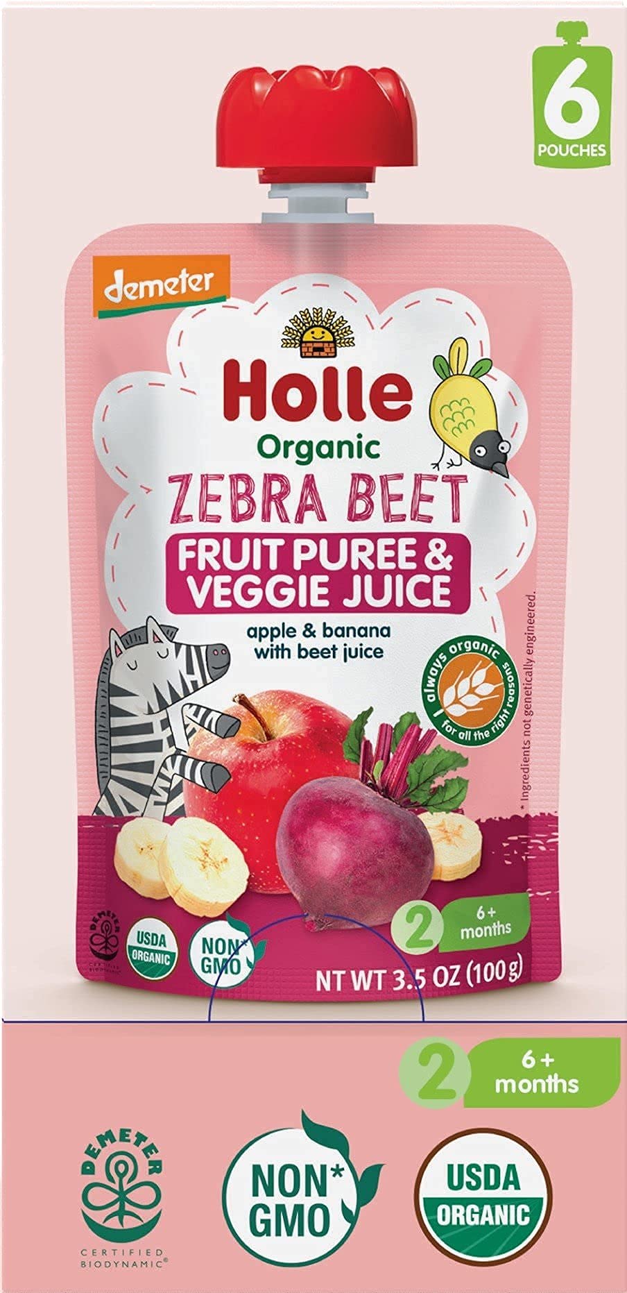 Holle Zebra beet puree open pouch enables easy on the go feeding for busy families