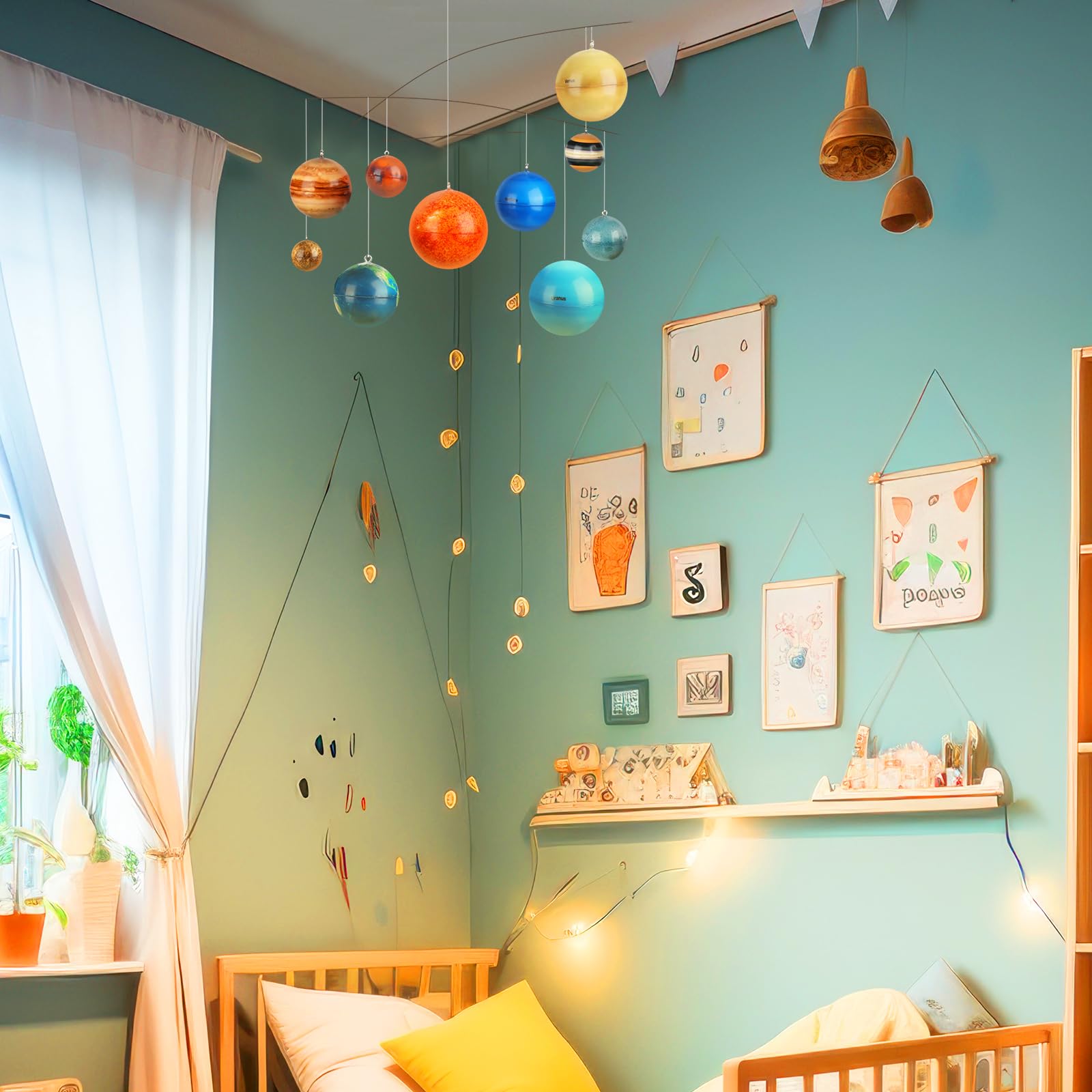 Hollowfly Uranus and Neptune in cool tones support a space-themed nursery look.