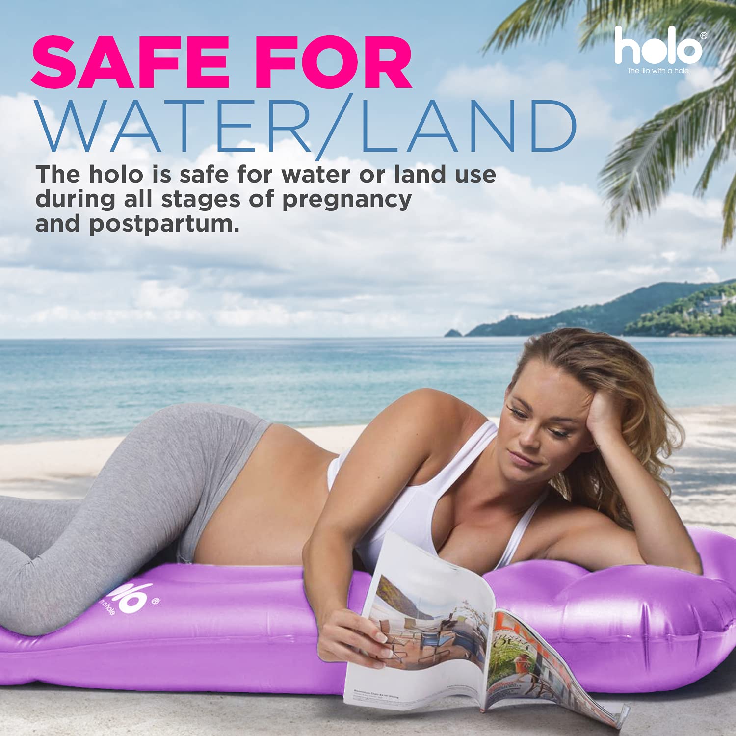 HOLO on the beach for sunbathing and pregnancy relaxation.