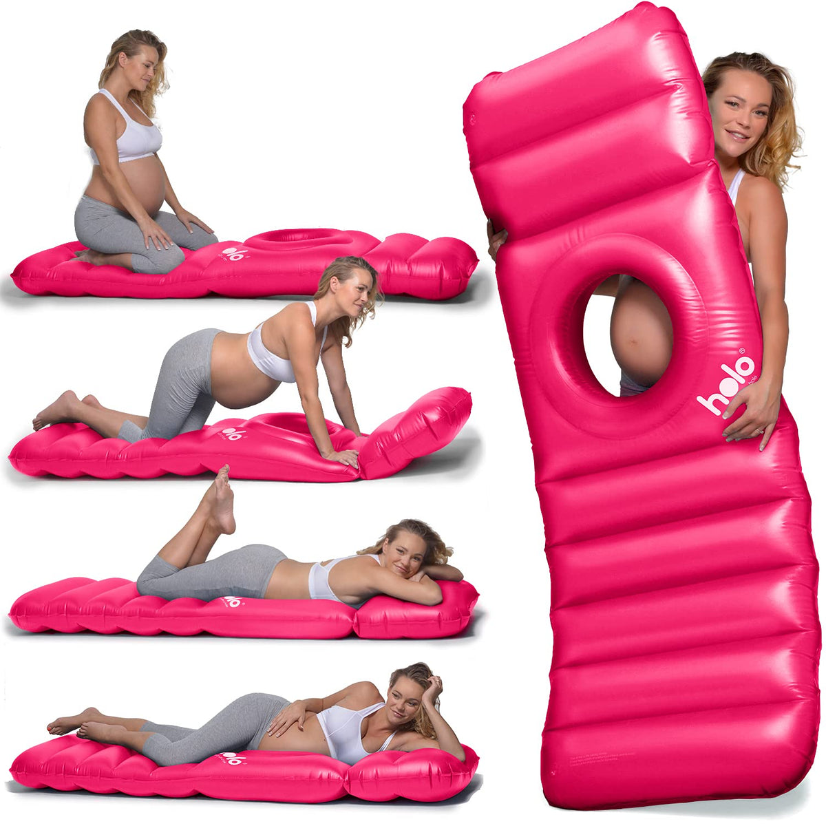 HOLO original inflatable pregnancy pillow front view showing tummy hole for supported sleeping