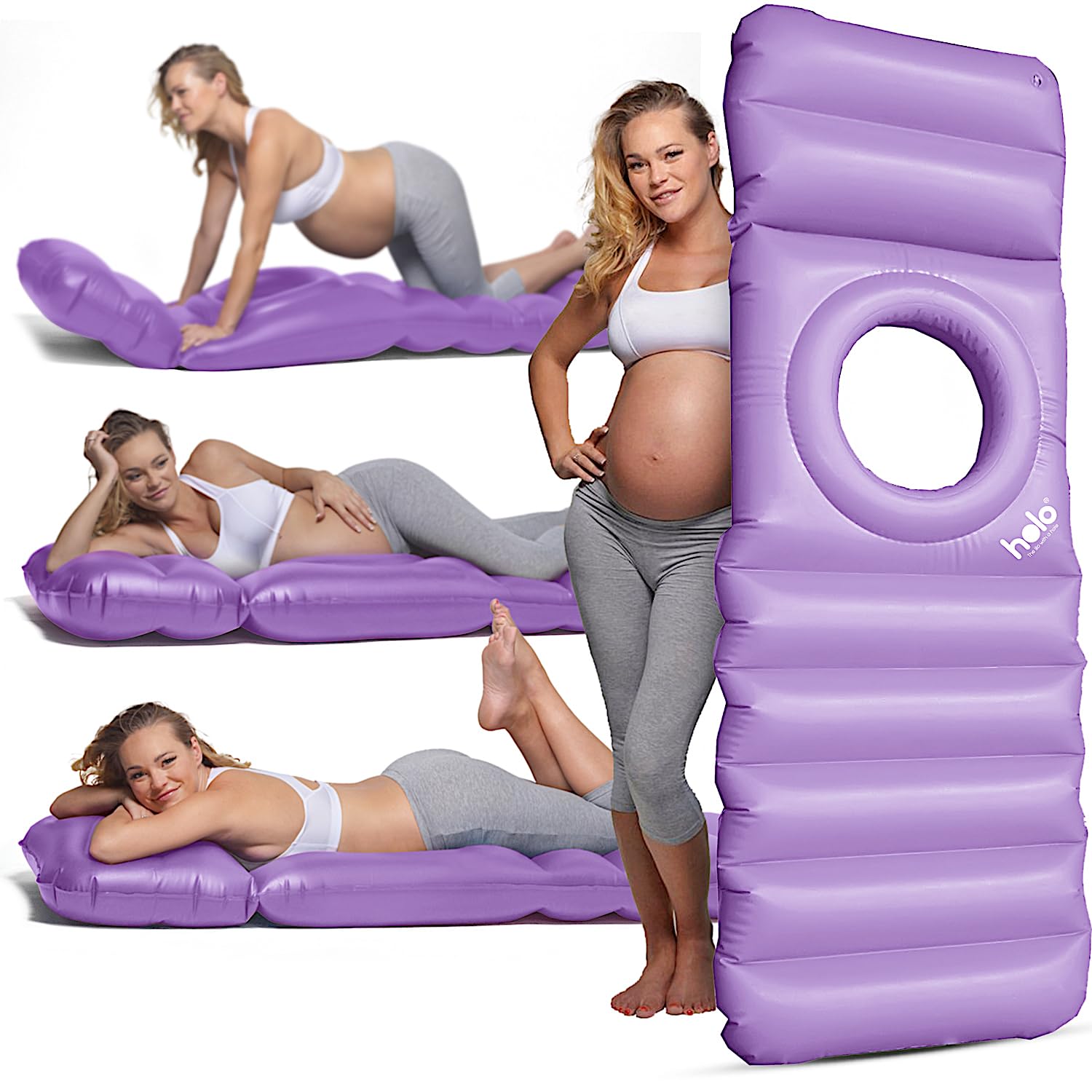 HOLO original inflatable pregnancy pillow with hole, front view, tummy sleeping support.