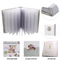 Holoary baby photo album interior pages show 4x6 photo slots and memo space