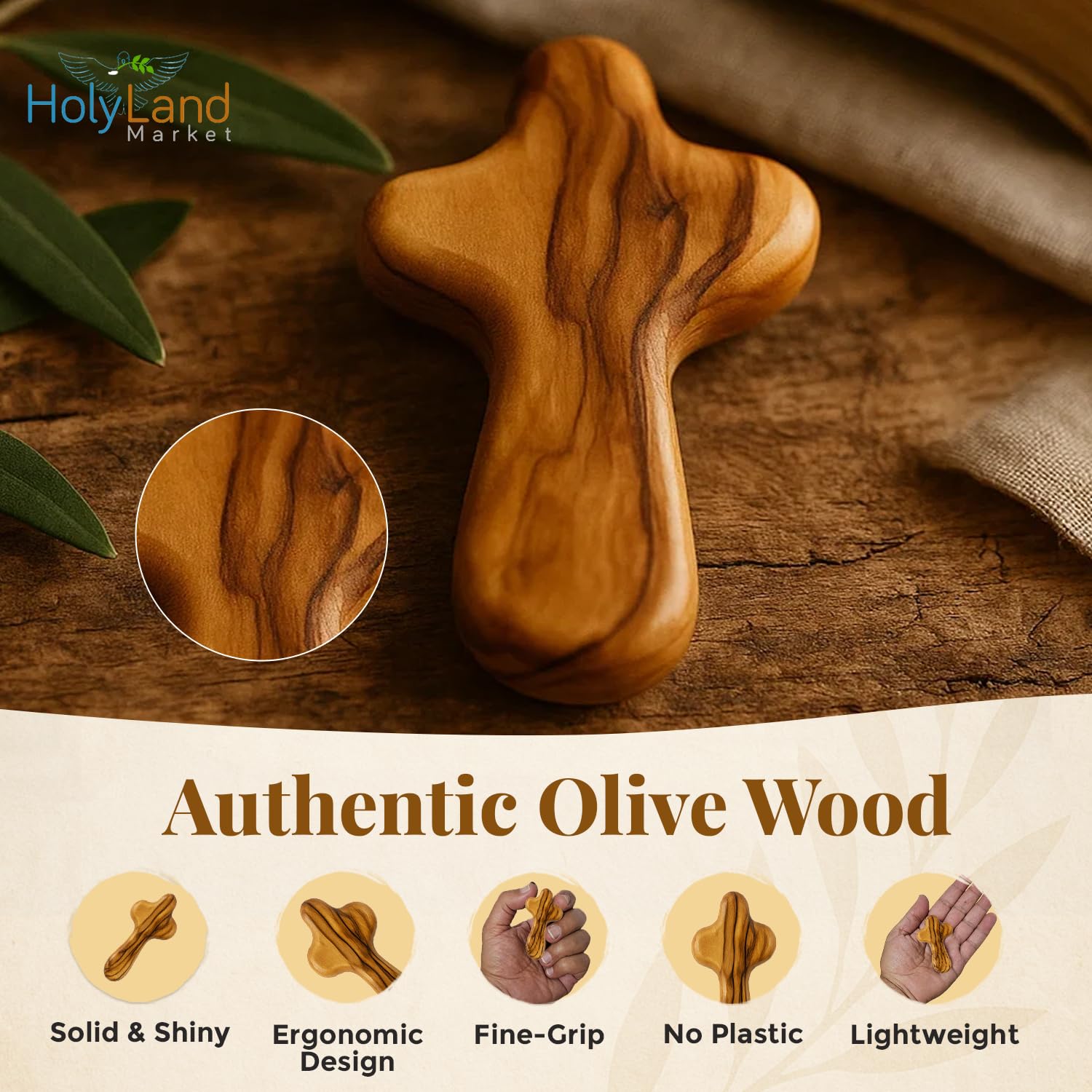 Holy Land Market olive wood cross with certificate and Lord Prayer Card.
