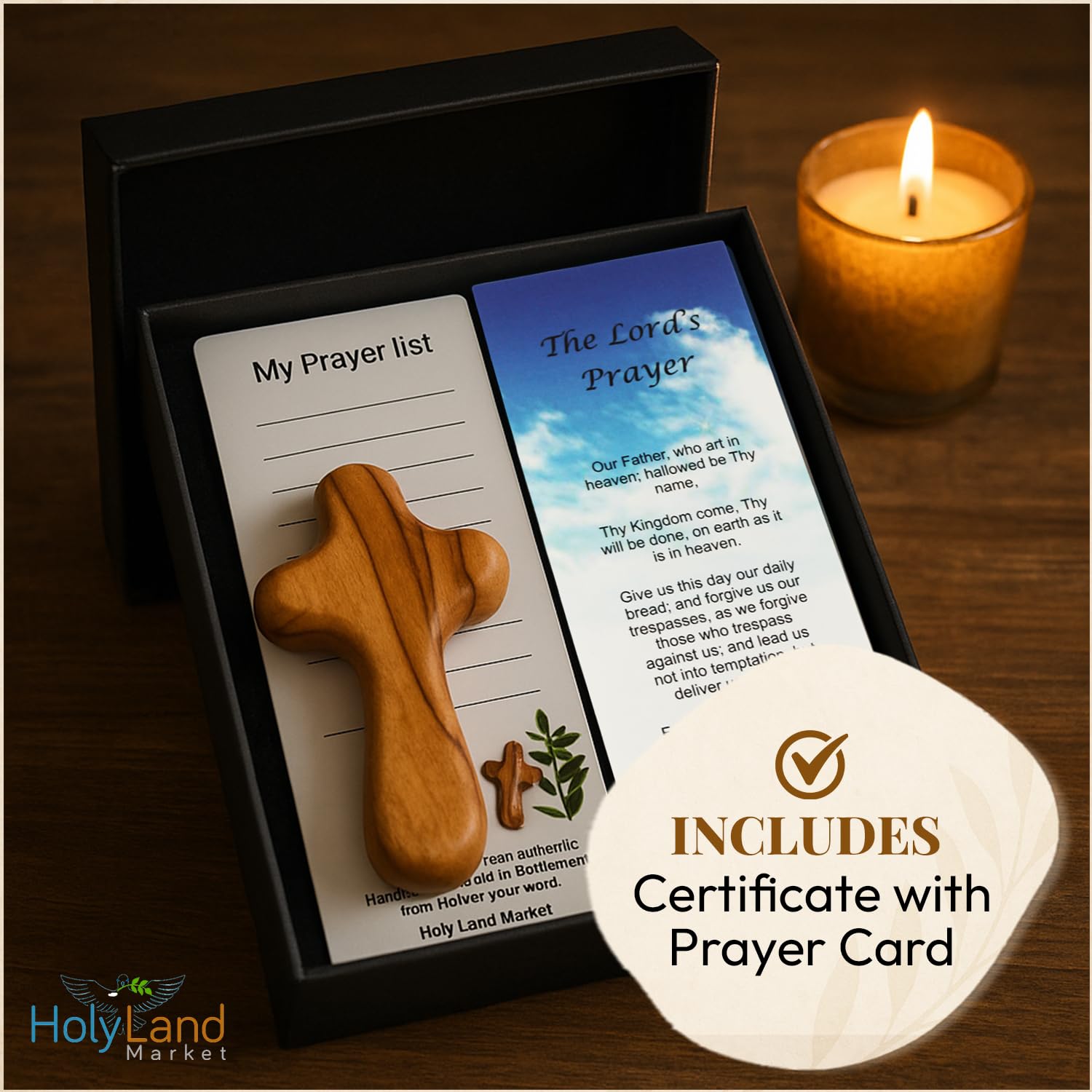 Holy Land Market olive wood palm cross held for meditation and quick prayers.