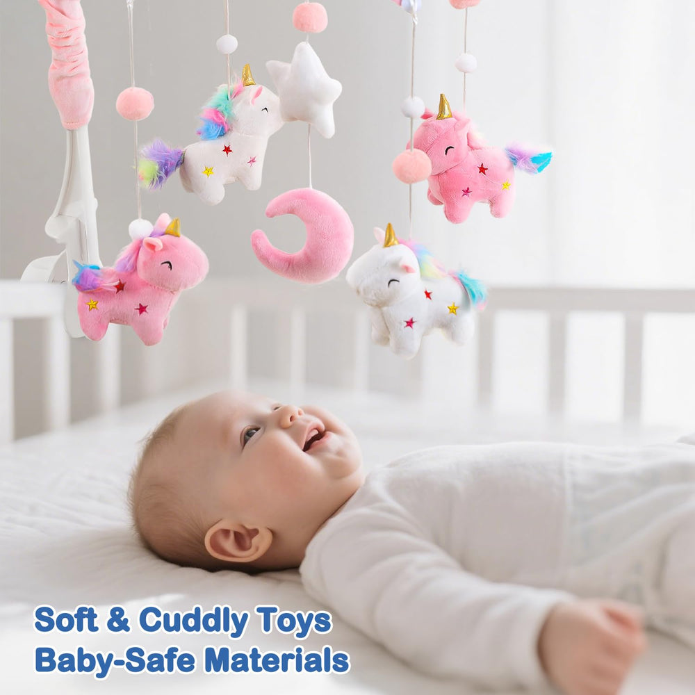 HOLYFUN unicorn crib mobile shows 360-degree rotation to support visual tracking.