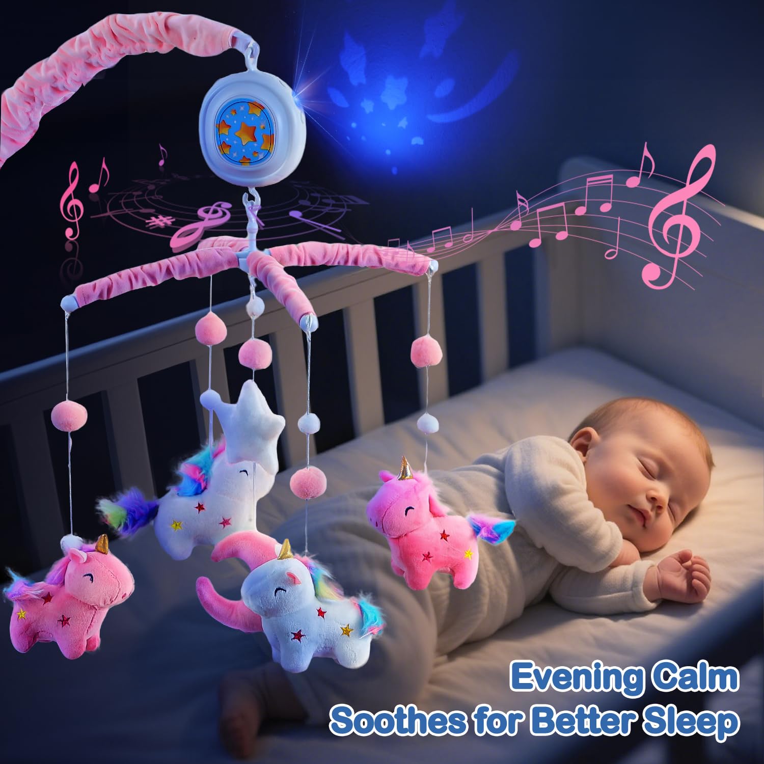 HOLYFUN unicorn crib mobile features 100+ lullabies with adjustable volume for sleep.