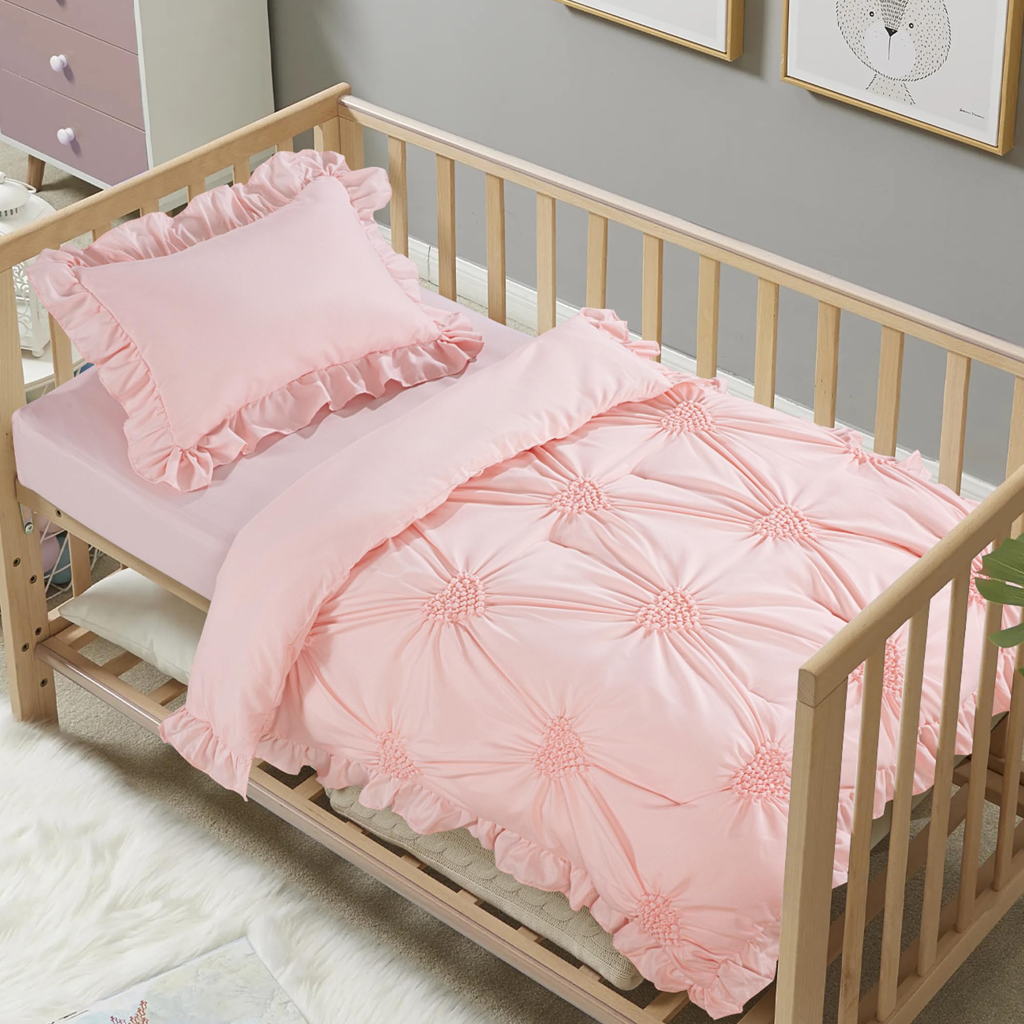 HOMBYS 3-piece crib set pink with pintuck and ruffles for nursery charm