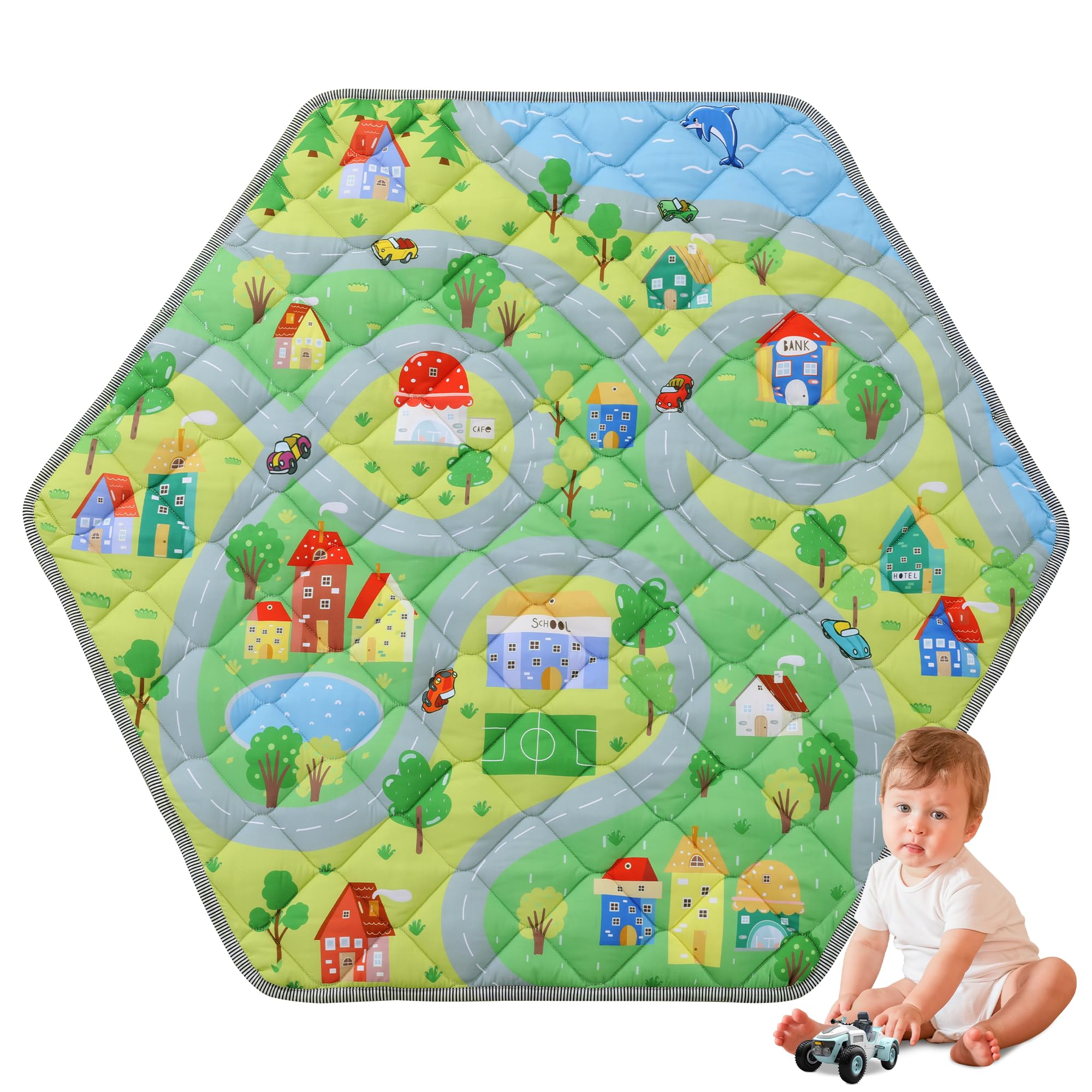 HOMBYS hexagon playpen mat 52x45 offers a comfortable surface for safe baby play.