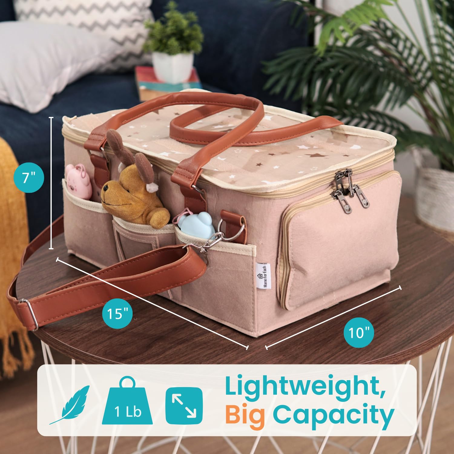 HOME FOR EACH diaper caddy compartments keep wipes, nappies neatly organized for quick changes