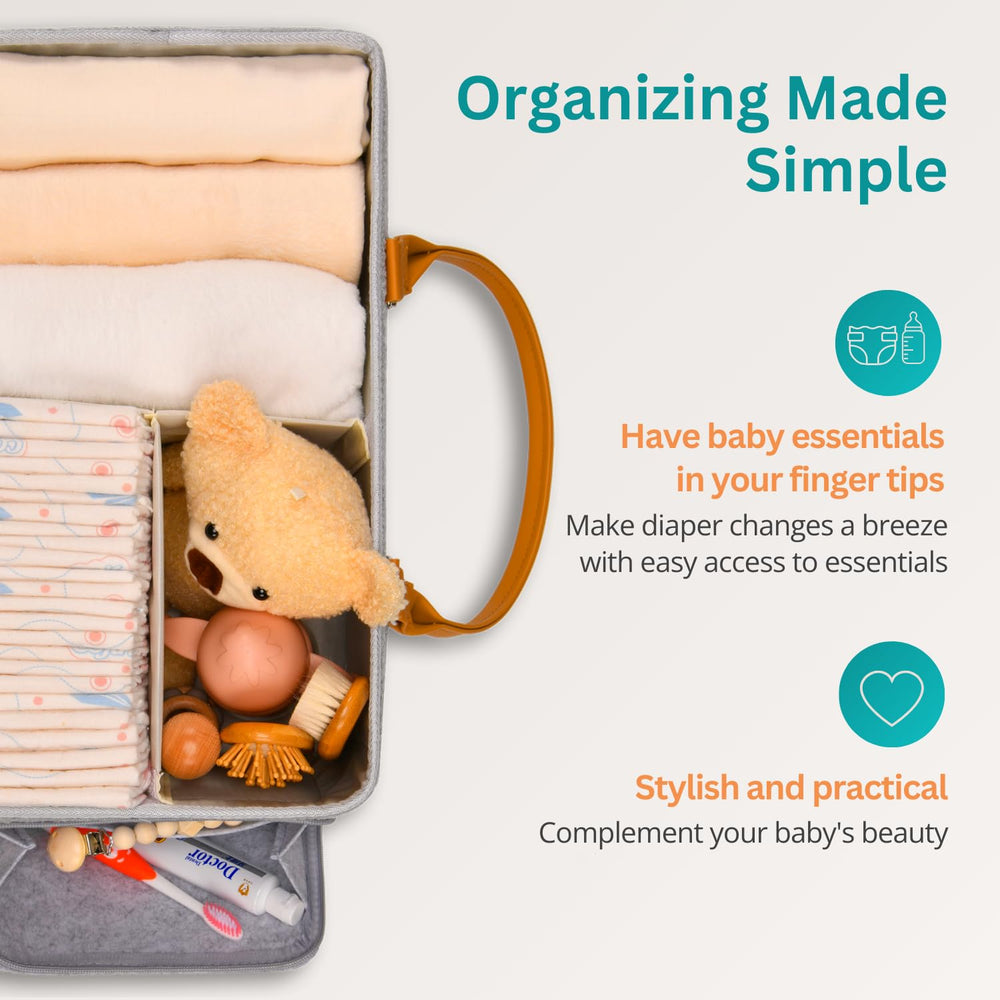 HOME FOR EACH diaper caddy with spacious compartments organizes diapers, wipes, and creams.