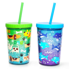 Home Tune 14oz kids tumbler front view with Shark & Dog design for on-the-go hydration.